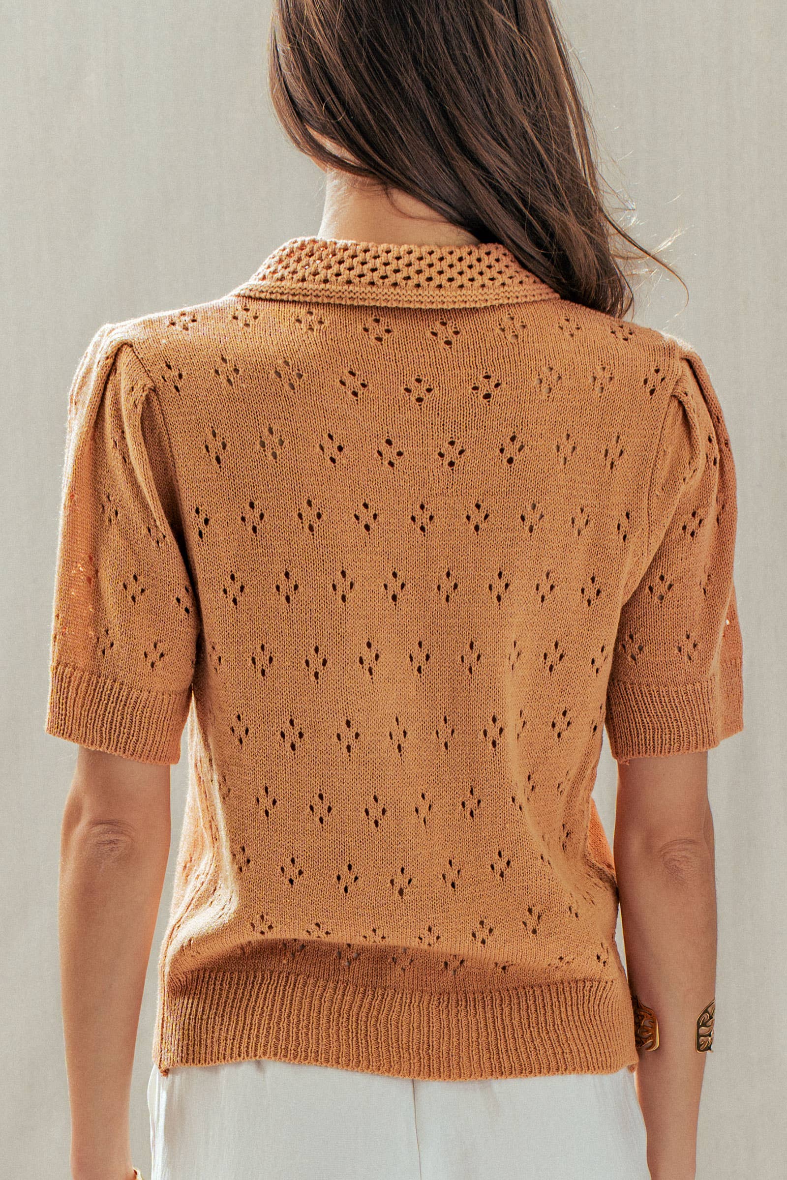 Urban Daizy Pointelle Knit Puff Sleeve Collared Cardigan Warm-Camel Cardigan - Women's (UDSW0345-Warm-Camel) – alternate view 6