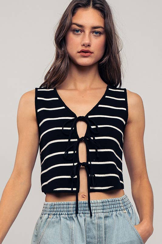 Urban Daizy Striped Tie-Front Cropped Knit Top Black White Knit Top - Women's (UDZ-TP-00750)
