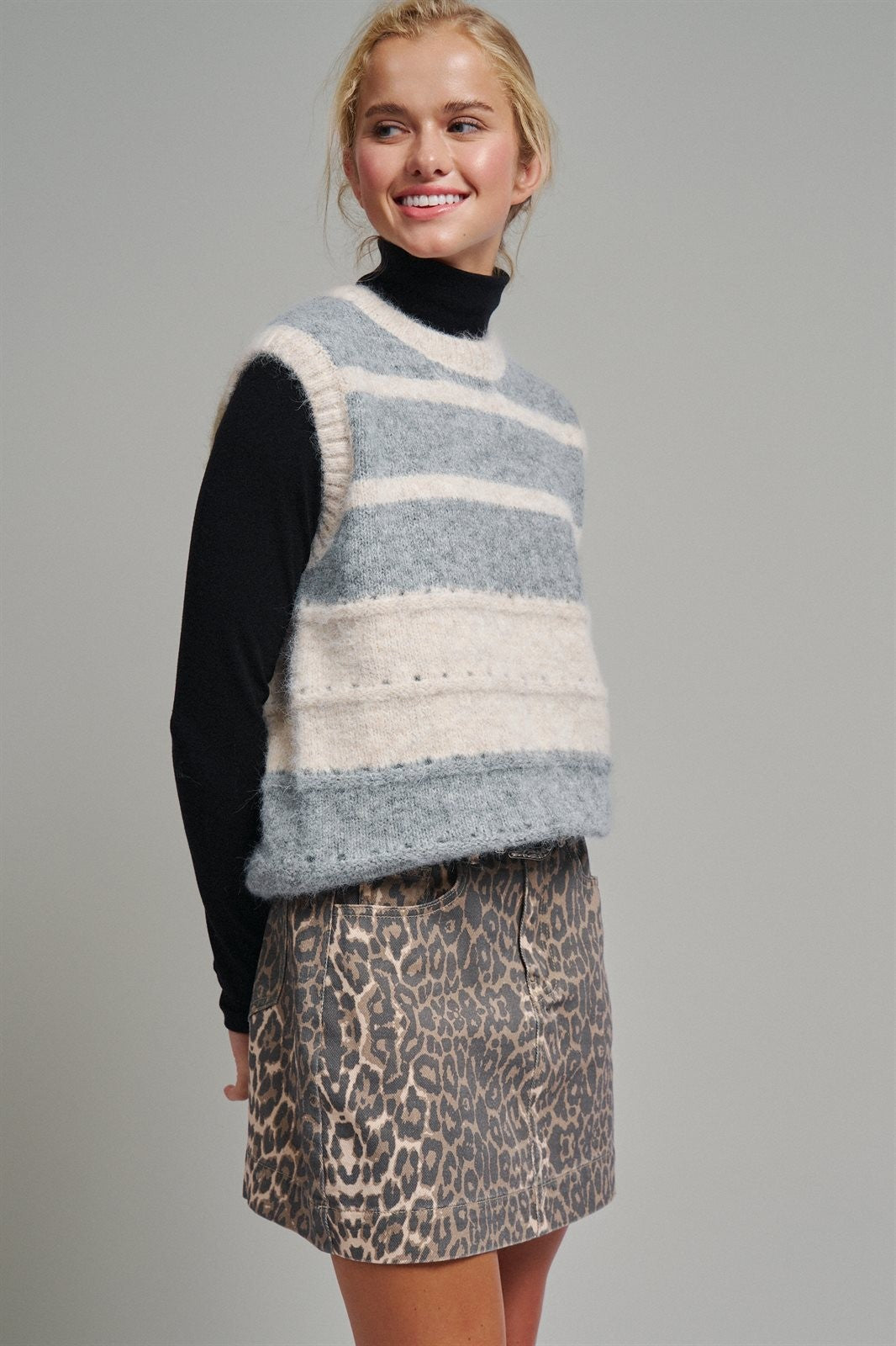 Striped Fuzzy Knit Sweater Vest in GREY - Women's Sweater Vests | Urban Daizy