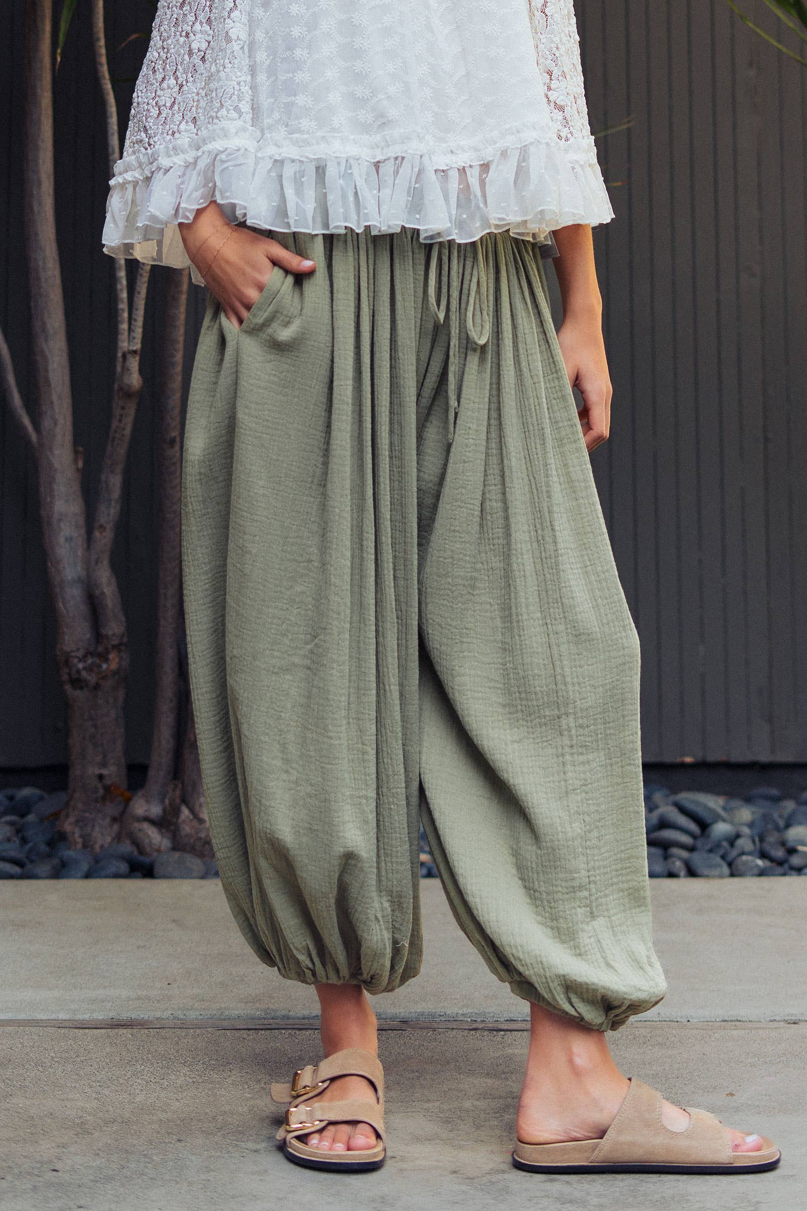 Urban Daizy Crinkle Balloon Pants Drawstring Olive Pants - Women's (UDZ-PT-00476) – alternate view 3