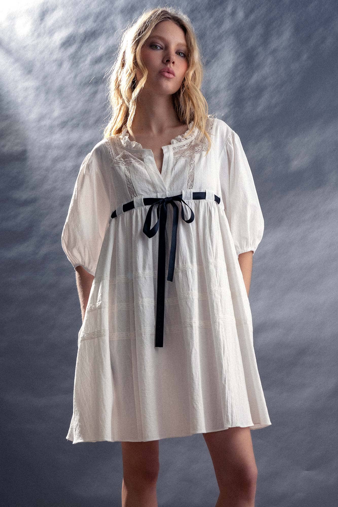 Urban Daizy Square Neck Lace Trim Bow Detail Empire Waist Dress Ivory Dress - Women's (UDZ-DR-00332) – alternate view 4