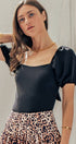 Urban Daizy Open Back Bow Tie Puff Sleeve Textured Bodysuit Black Bodysuit - Women's (TNTP3996) – alternate view 6
