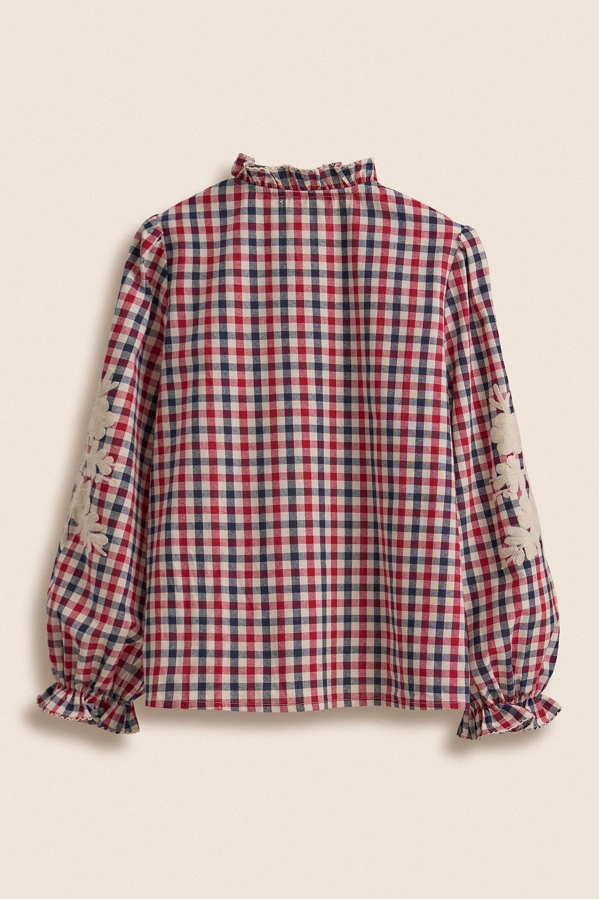 Floral Embroidered Gingham Blouse in Romantic Prairie Style in RED/NAVY - Women's Graphic T-shirts | Urban Daizy