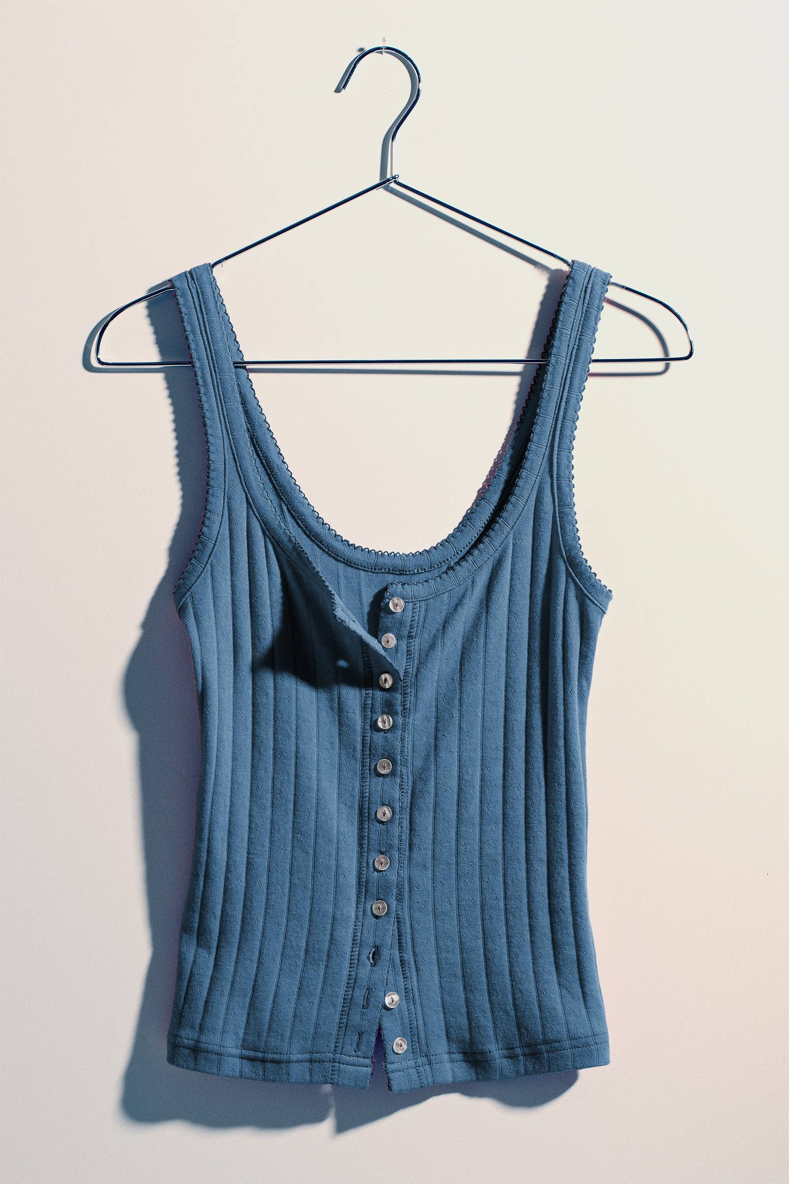 Ribbed Cotton Button-Front Picot Trim Tank
