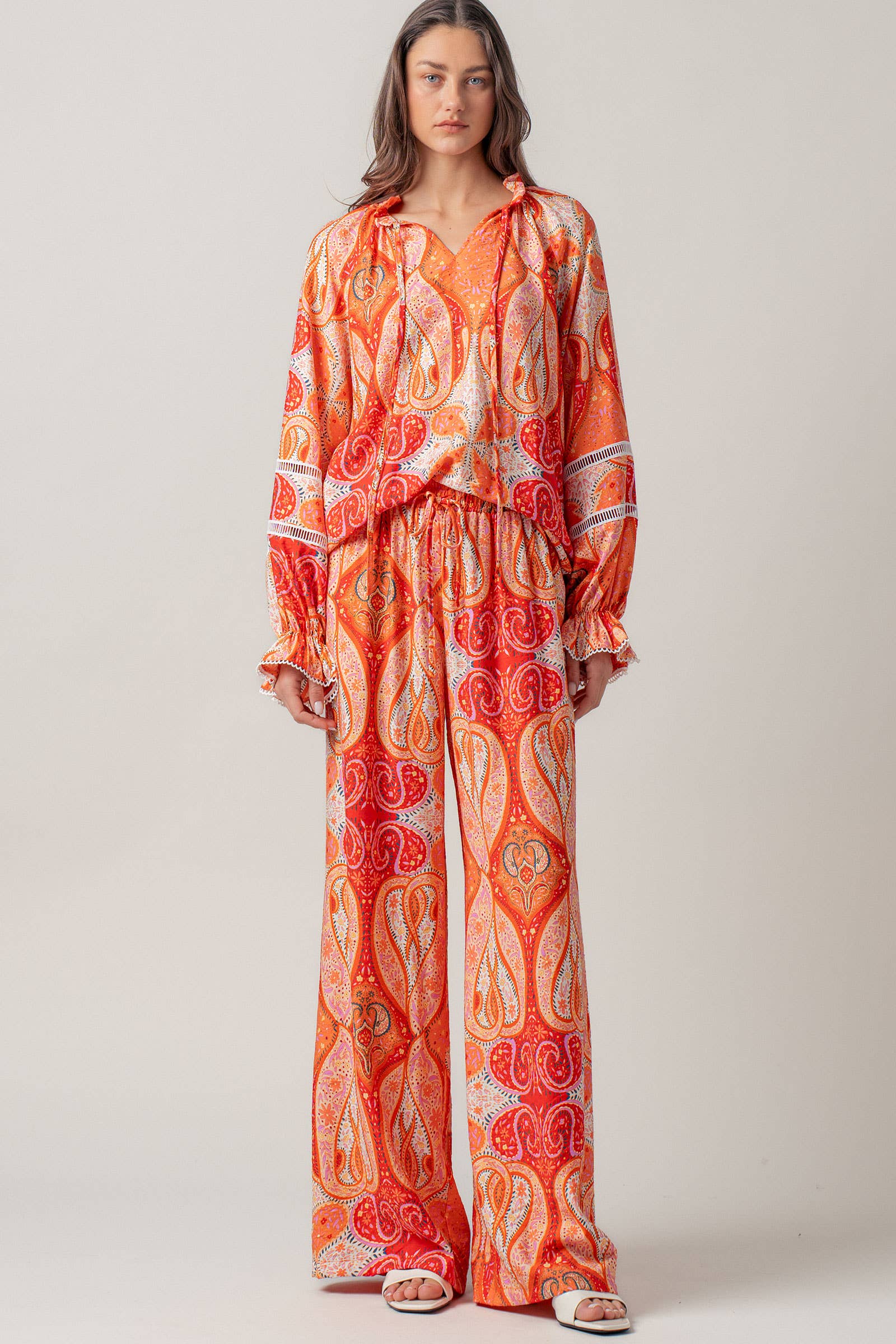 Paisley Print Tie-Neck Blouse with Bell Sleeves