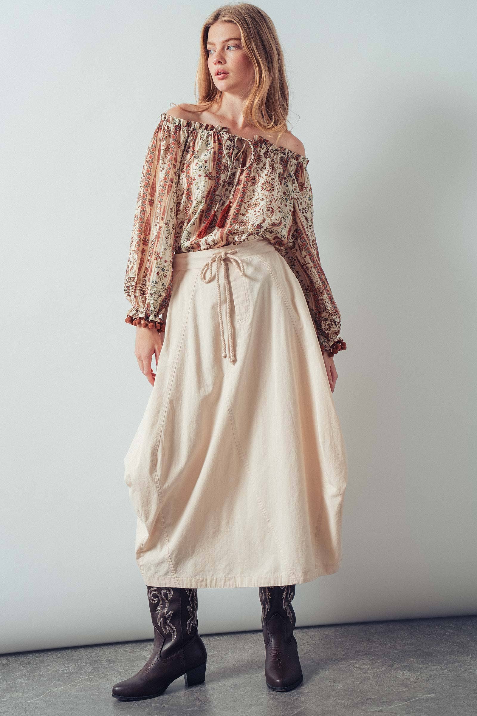 Balloon Hem Drawstring Maxi Skirt