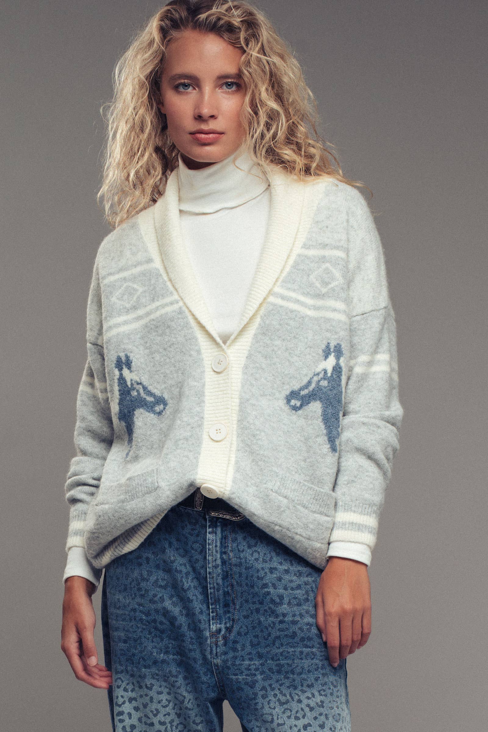 Urban Daizy Horse Motif Shawl Collar Cardigan Grey Cardigan - Women's (UDZ-KN-00654)