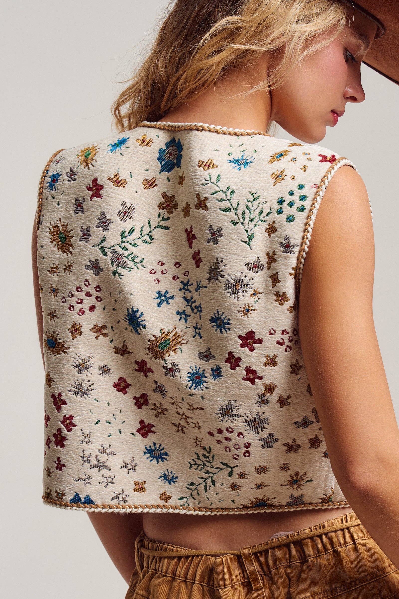 Urban Daizy Floral Tapestry Tie-Front Boho Vest Beige-Multi Outerwear Vest - Women's (UDOW0299-Beige-Multi) – alternate view 5