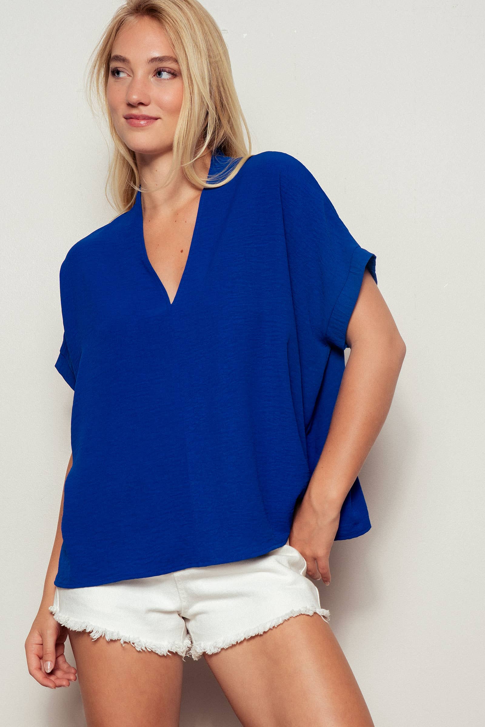 Urban Daizy Oversized V-Neck Folded Short Sleeve Top-GD Gd-Blue Blouse - Women's (UDZ-TP-00270) – alternate view 9