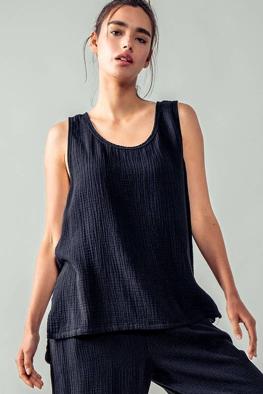 Urban Daizy Vintage Washed Double Gauze Tank Top Black Tank Top - Women's (UDZ-TP-00487)