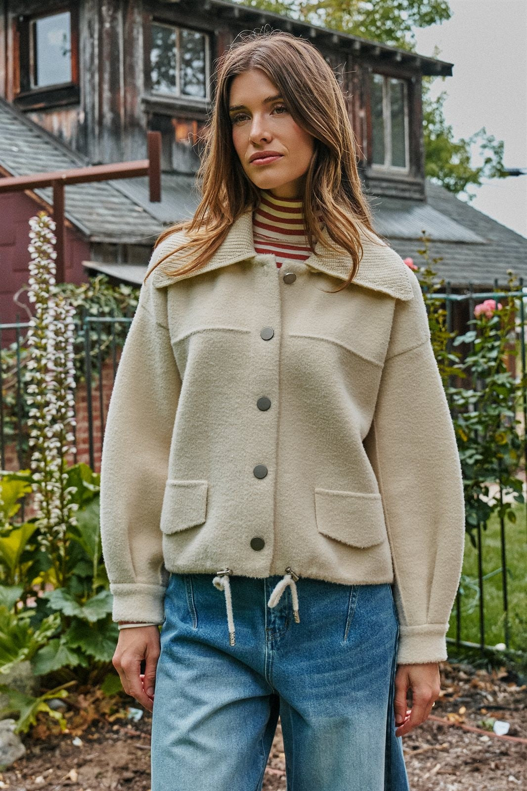 Sweater Knit Button Front Jacket with Detachable Collar in IVORY - Women's Jackets & Blazers | Urban Daizy
