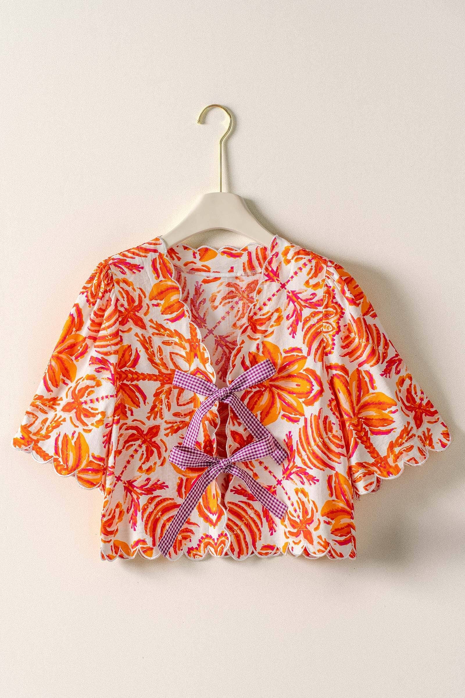 Embroidered Floral Scalloped Tie-Front Top