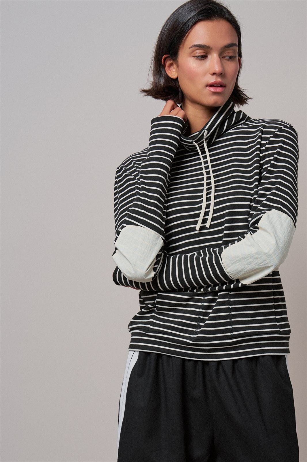 Striped Cowl Neck Drawstring Pullover Sweatshirt in BLACK - Women's Sweatshirts & Hoodies | Urban Daizy