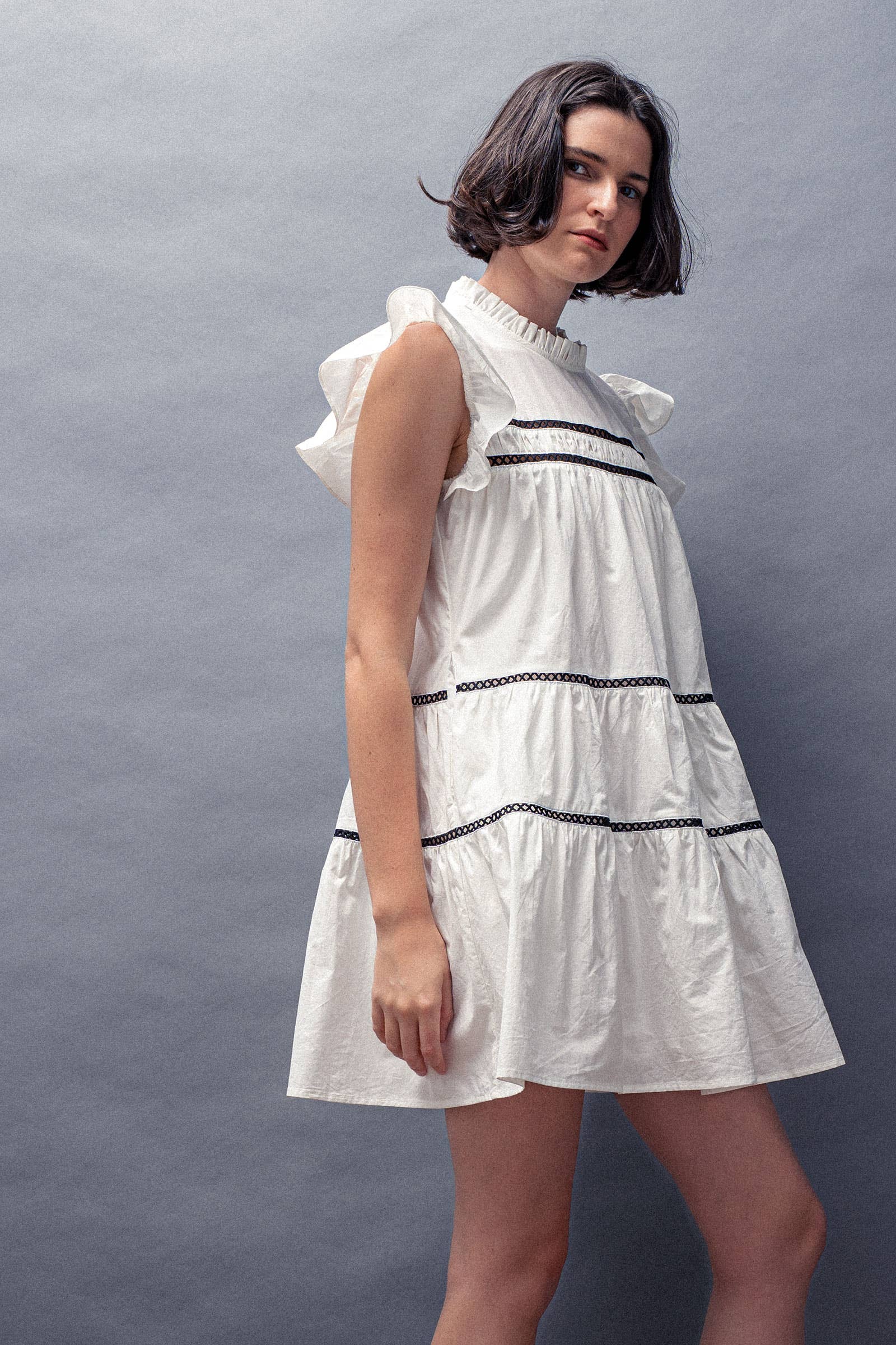 Urban Daizy Lace Trim Ruffle Sleeve Tiered Spring Mini Dress Black Dress - Women's (UDZ-DR-00204) – alternate view 6