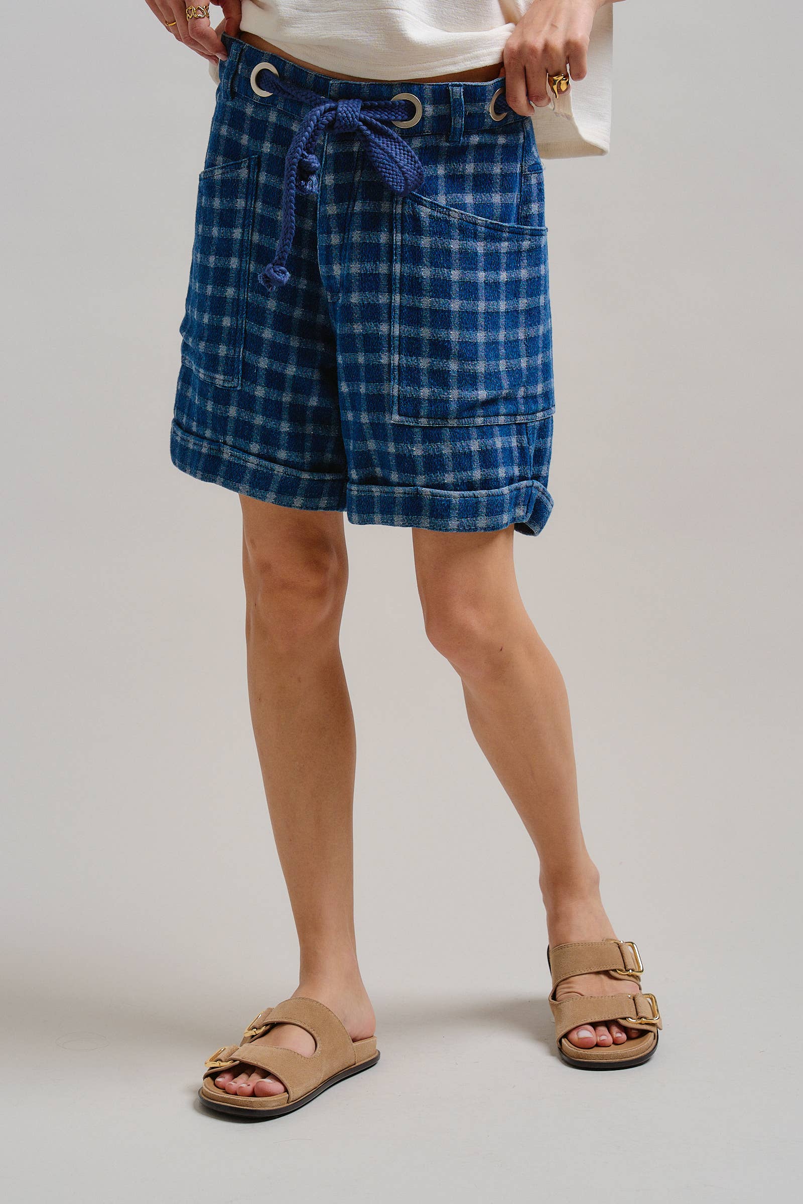Plaid Cotton Blend Shorts Rope Drawstring
