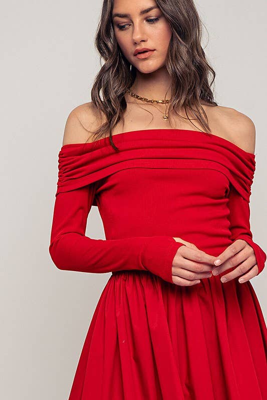 Urban Daizy Elegant Off Shoulder Ruched Long Sleeve Spring Midi Dress Red Dress - Women's (UDZ-DR-00366) – alternate view 8