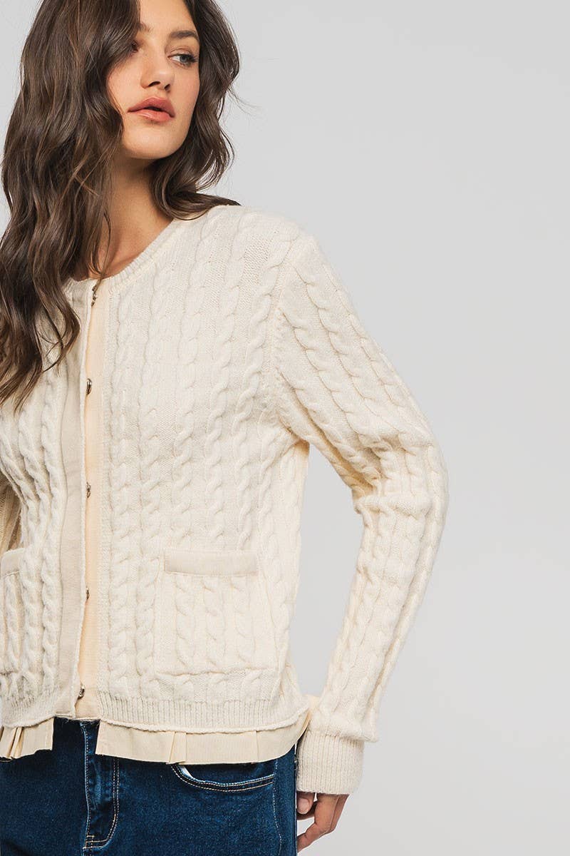 Urban Daizy Cable Knit Snap Front Ribbed Trim Long Sleeve Sweater Ivory Cardigan - Women's (UDZ-KN-00628) – alternate view 23
