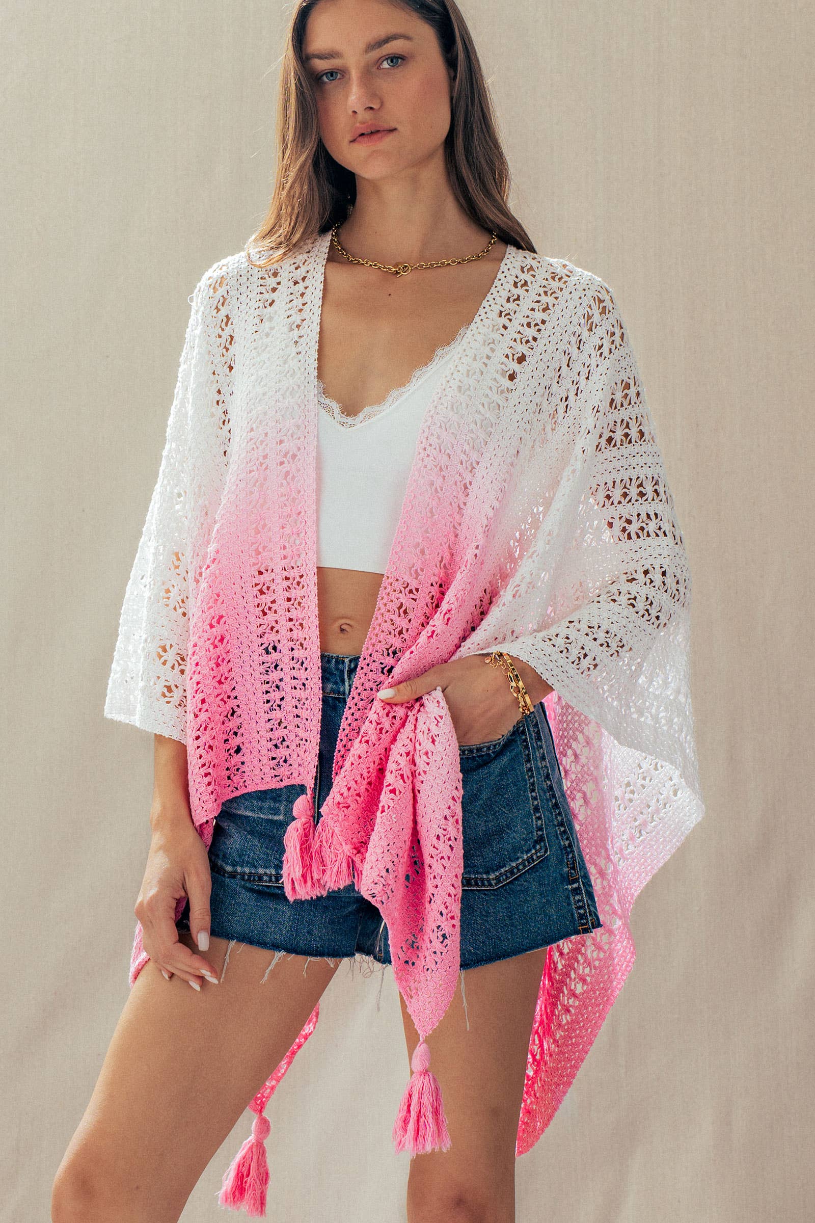 Urban Daizy Ombre Crochet Knit Poncho Tassel Cover-Up Sage Poncho - Women's (UDZ-OT-00492) – alternate view 7