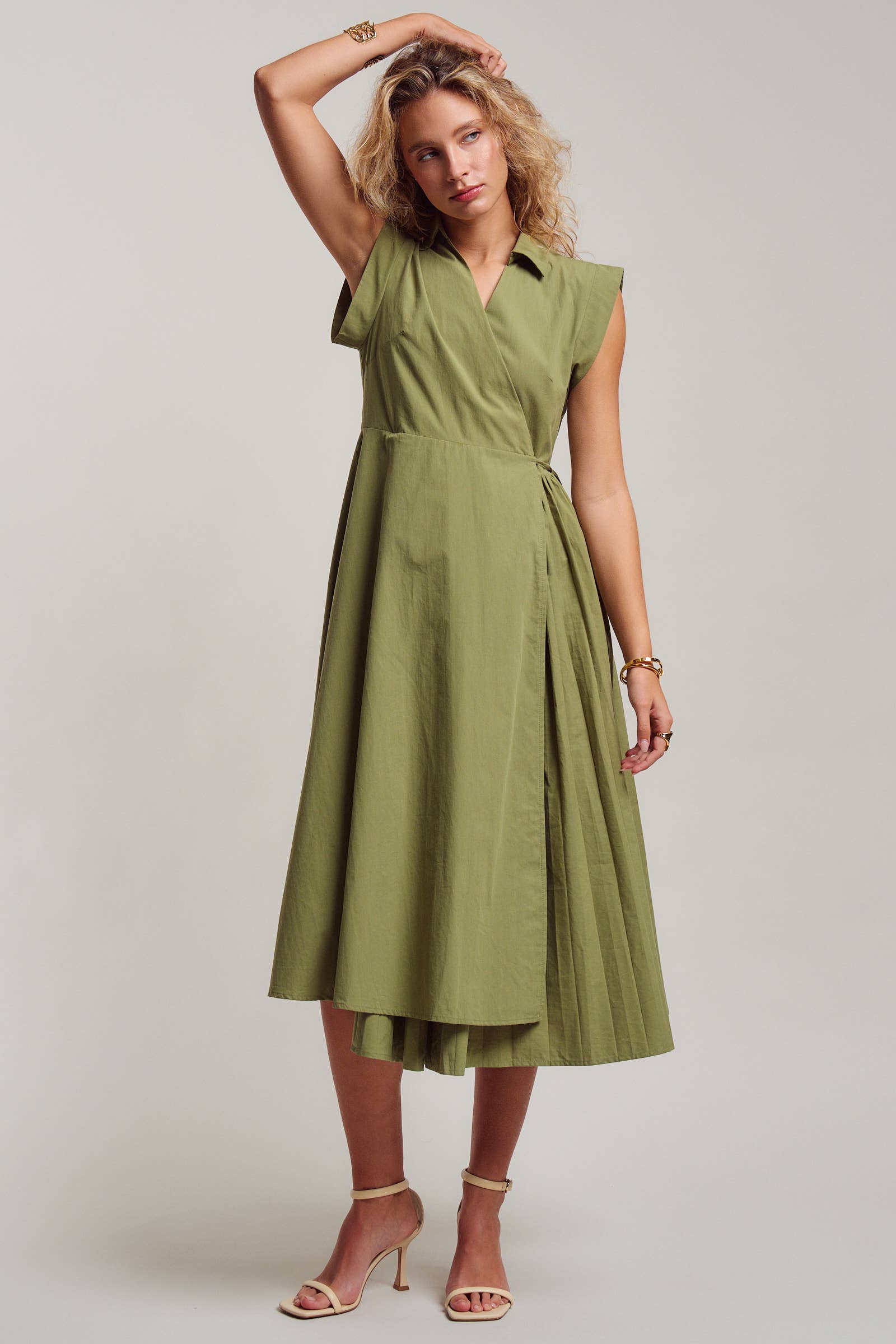 Collared Cap Sleeve Wrap Midi Dress