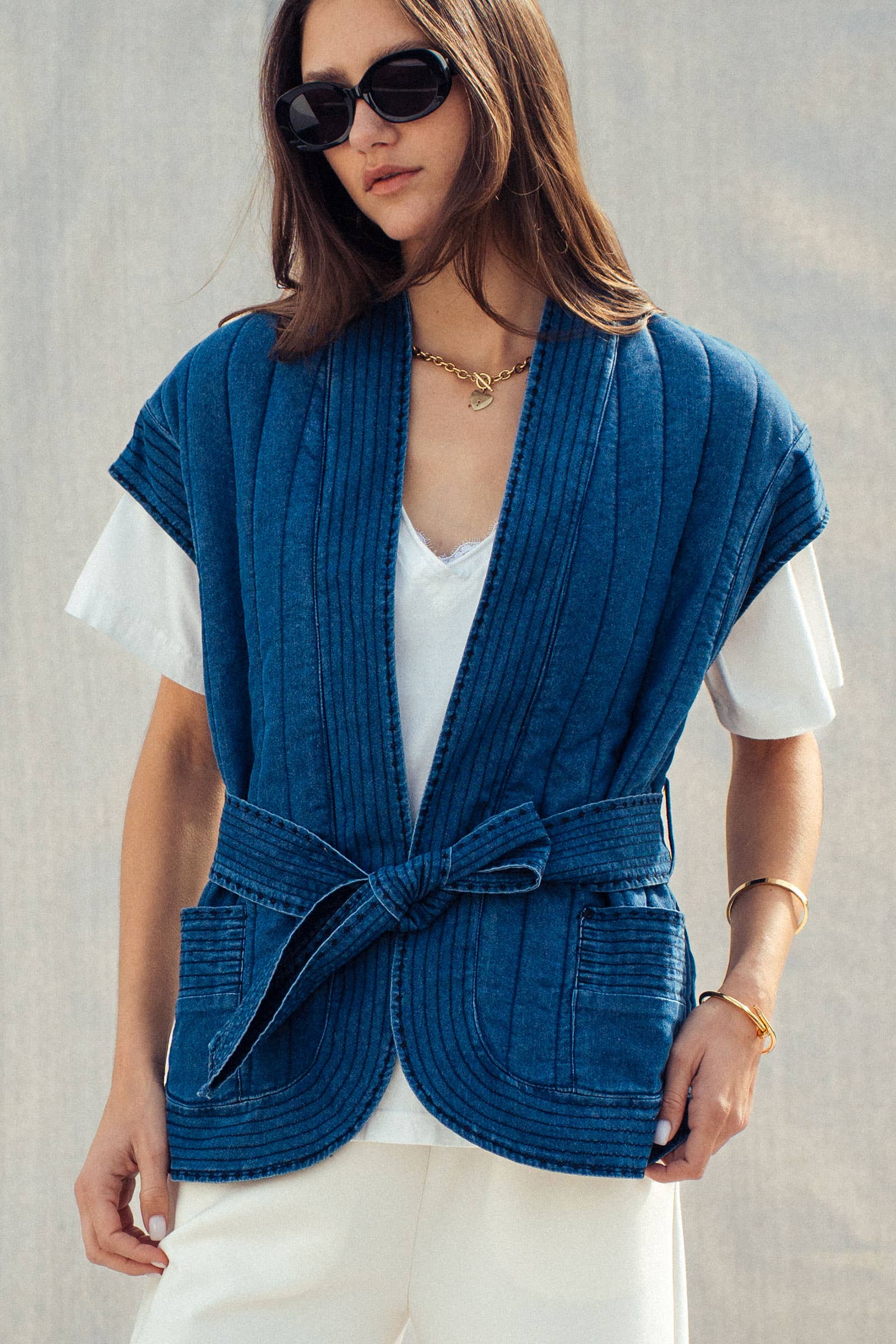 Washed Belted Denim Vest