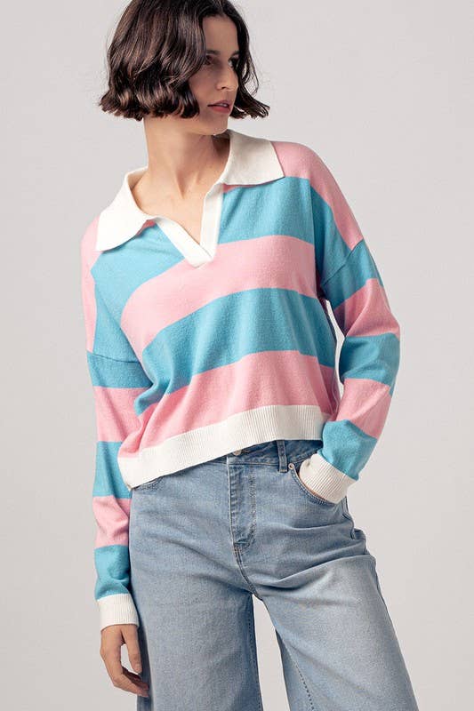 Preppy Striped Contrast Collar Cropped Rugby Long Sleeve Top