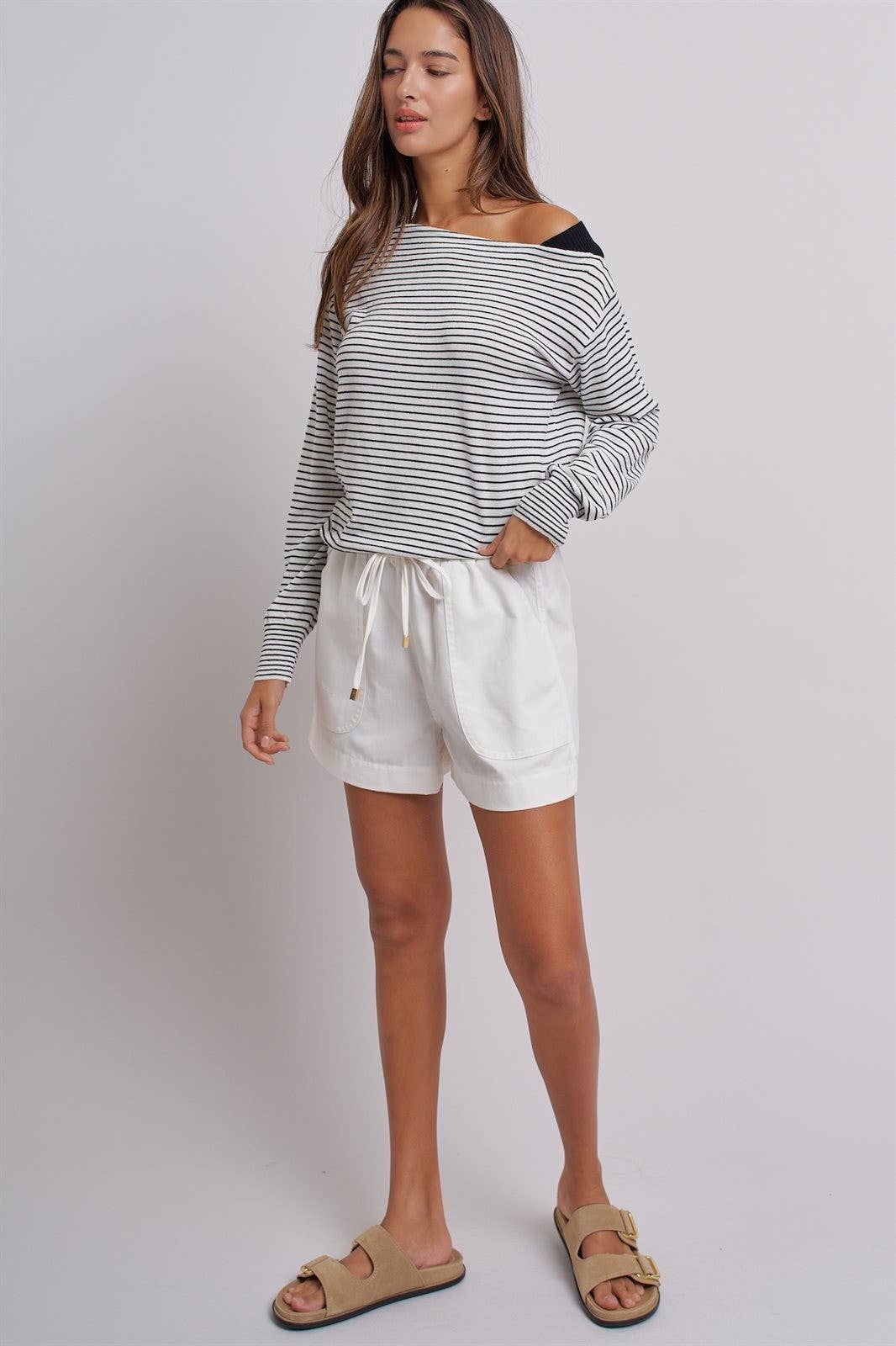 Urban Daizy Asymmetrical Striped One-Shoulder Top Ivory-Black Knit Top - Women's (UDZ-TP-01085-Ivory-Black) – alternate view 10