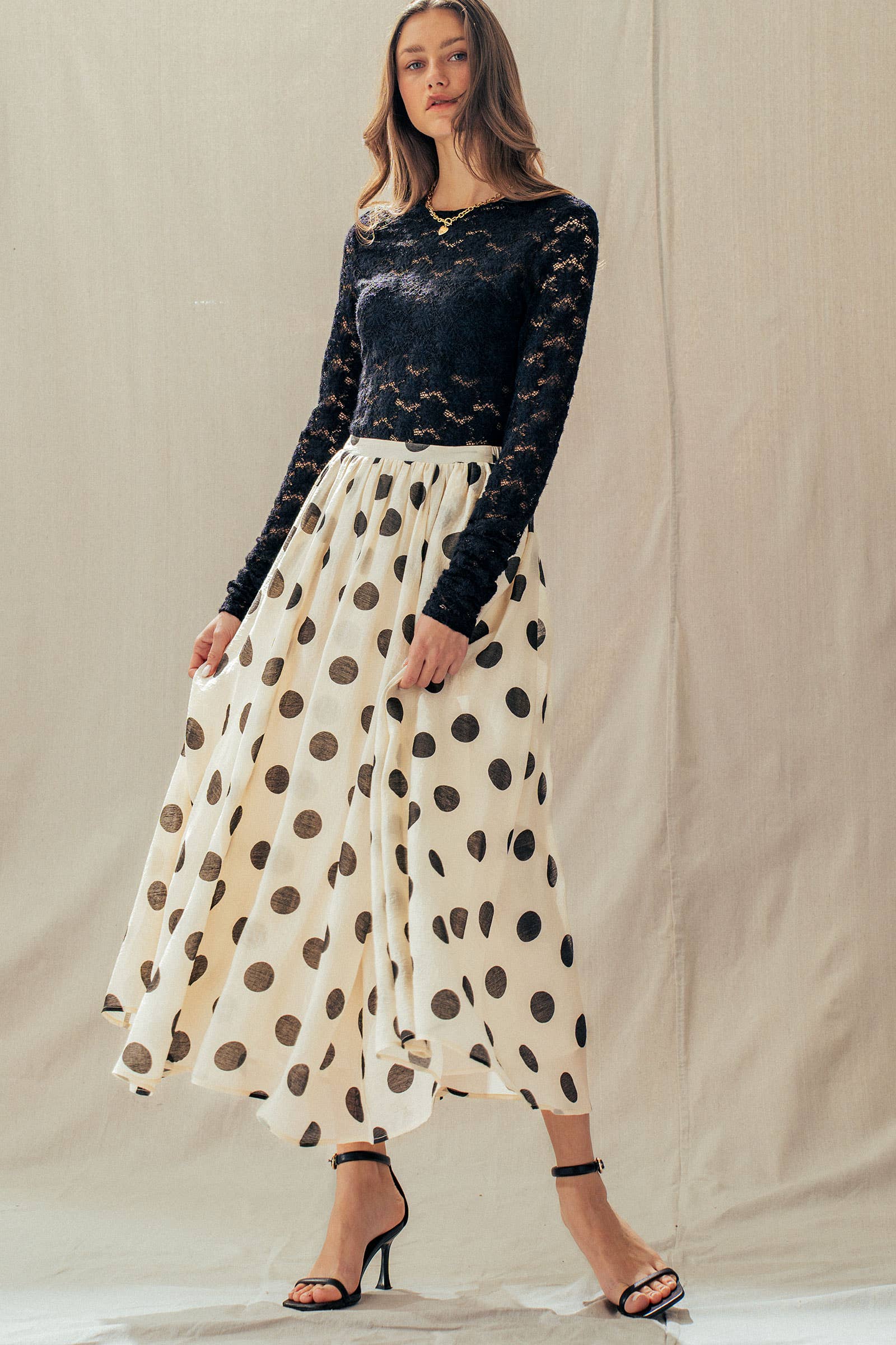 Polka Dot Elastic Waist Midi Skirt