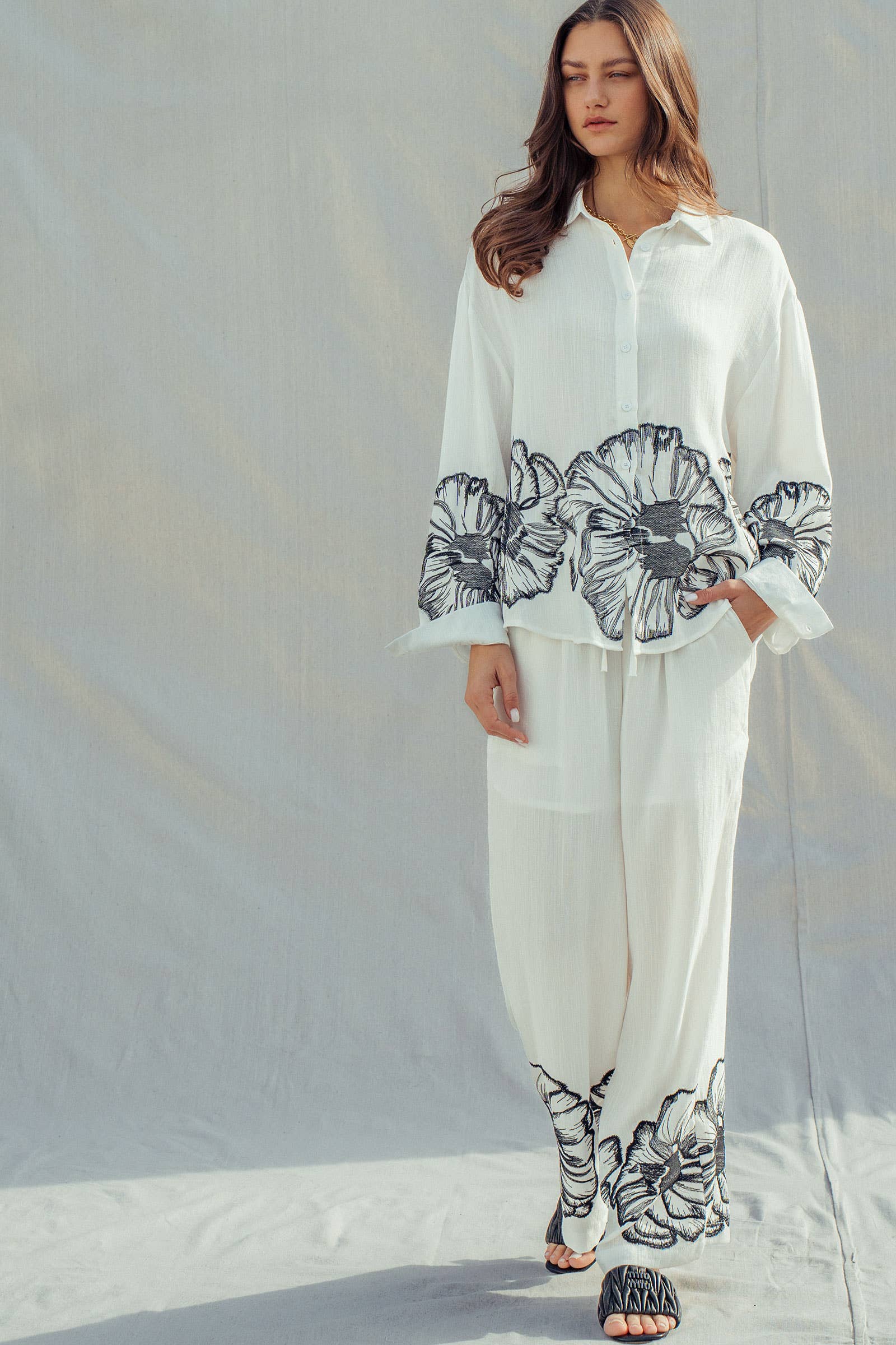 Floral Embroidered Wide Leg Drawstring Pants