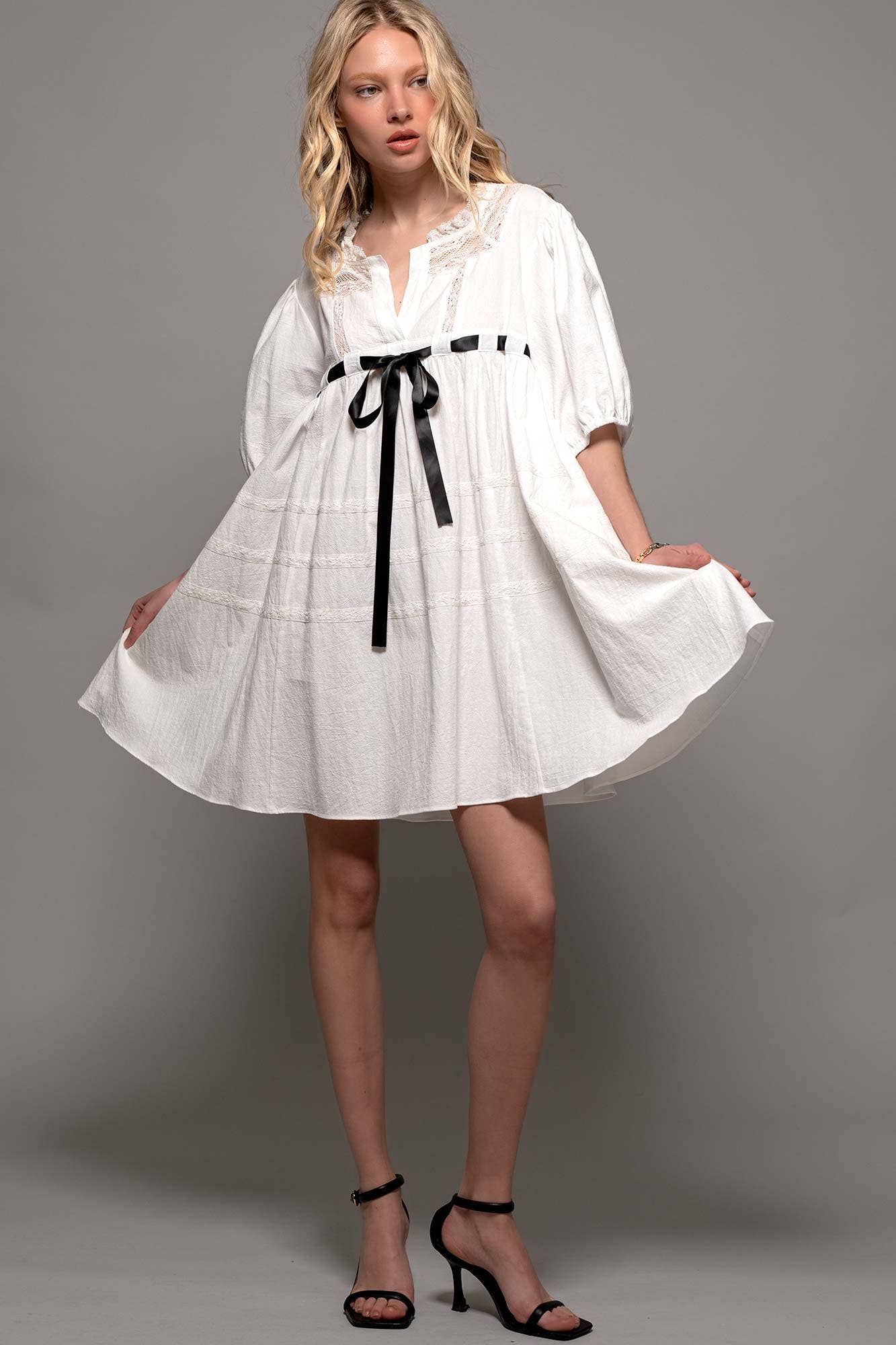 Urban Daizy Square Neck Lace Trim Bow Detail Empire Waist Dress Ivory Dress - Women's (UDZ-DR-00332) – alternate view 12