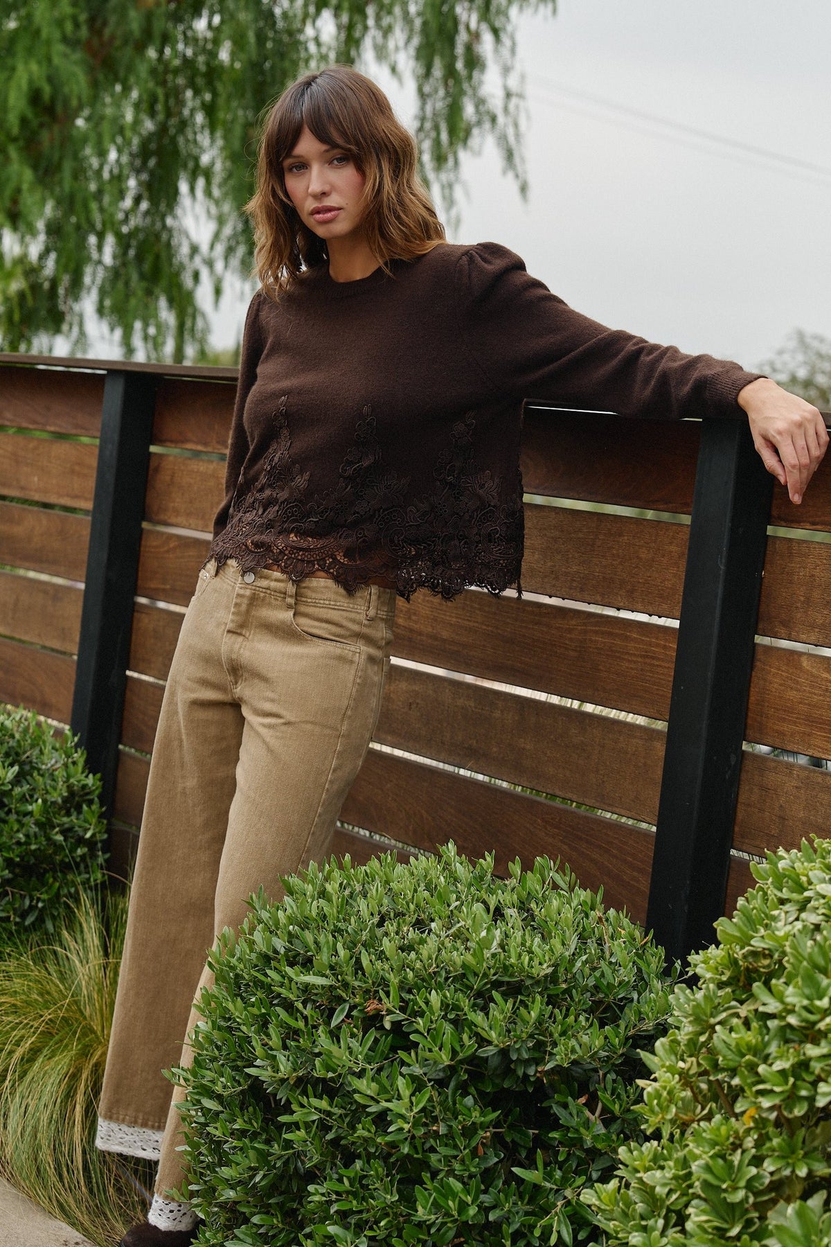 Lace Trim Knit Sweater with Floral Hem Detail in BROWN - Women's Sweaters | Urban Daizy