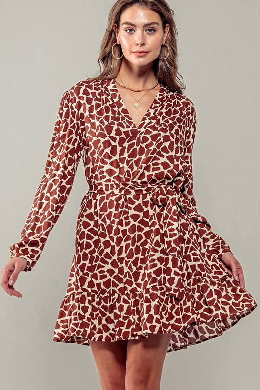 Urban Daizy Giraffe Print Long Sleeve V Neck Belted Mini Western Dress Rust Dress - Women's (UDZ-DR-00066) – alternate view 2
