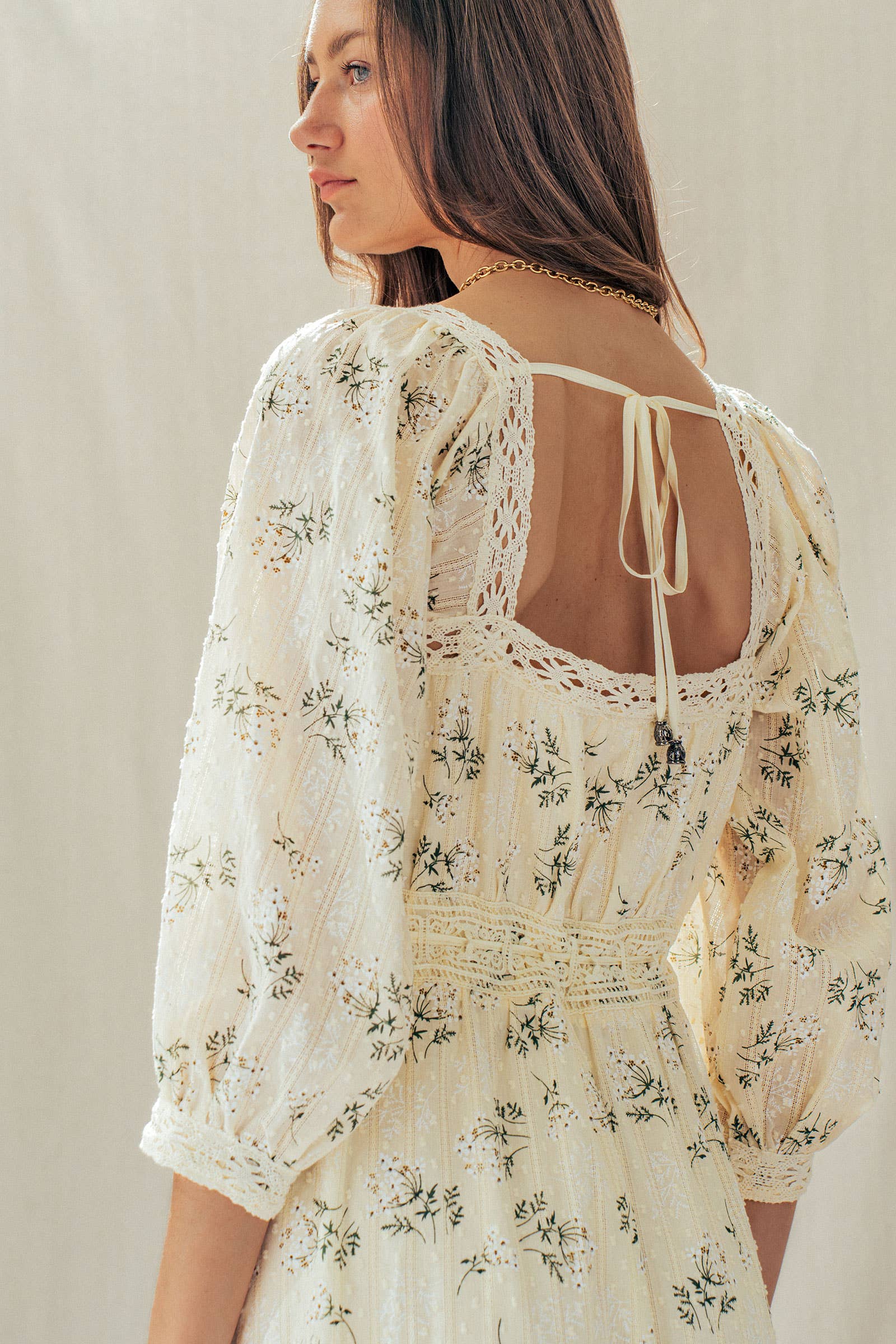Floral Print Crochet Trim Balloon Sleeve Maxi Dress