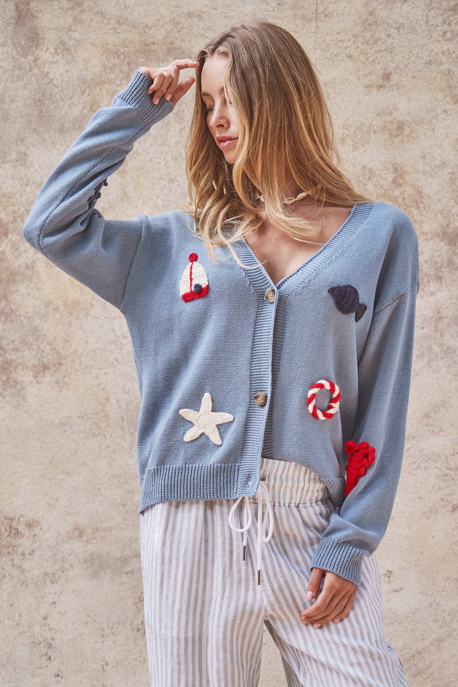 Crochet Patch Cardigan–Nautical Motifs, Relaxed Cropped Fit