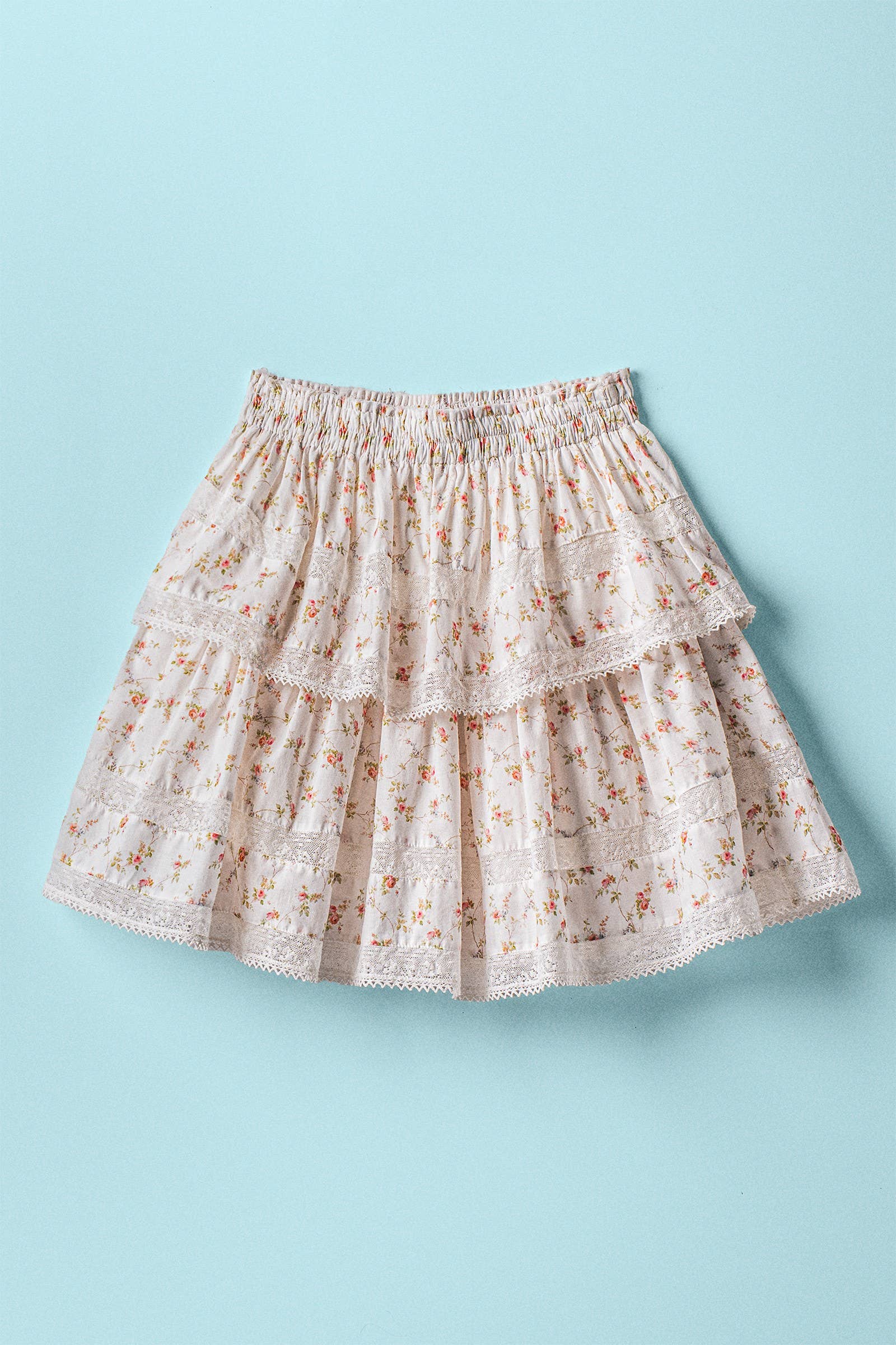 Urban Daizy Vintage Pink Rose Print Lace Trim Double Tiered Mini Skirt Ivory Skirt - Women's (UDZ-AC-00158) – alternate view 2