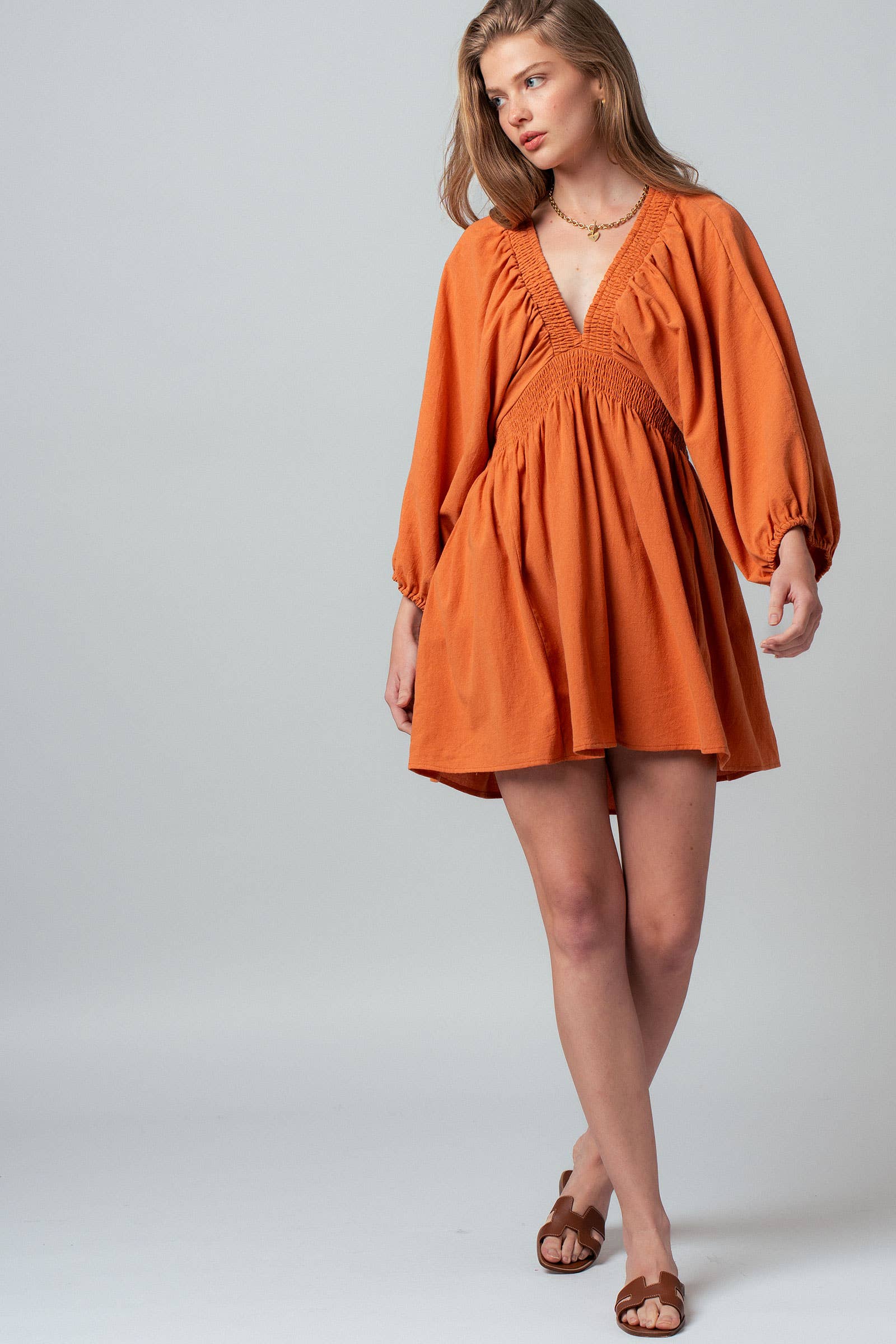 Urban Daizy Smocked V-Neck Balloon Sleeve Cotton Mini Dress Burnt-Orange Dress - Women's (UDZ-DR-00480) – alternate view 6