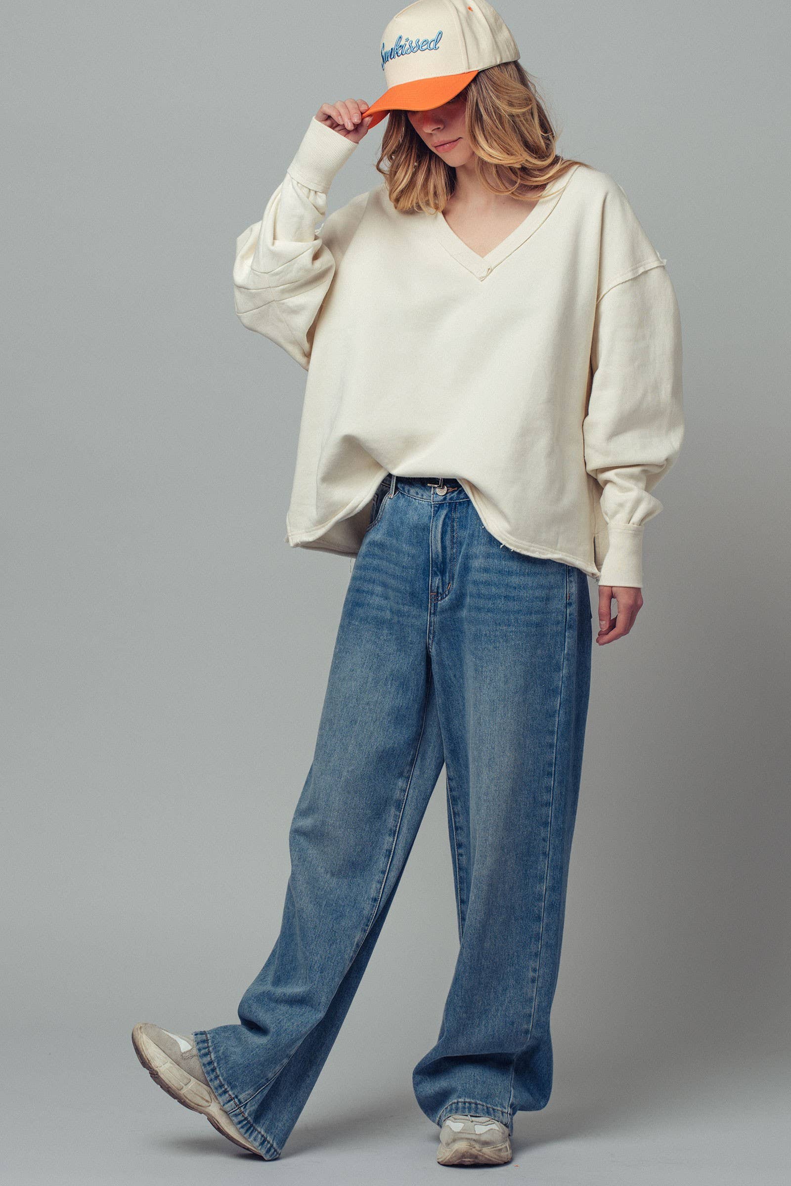 Raw Edge V-Neck Oversized Sweatshirt