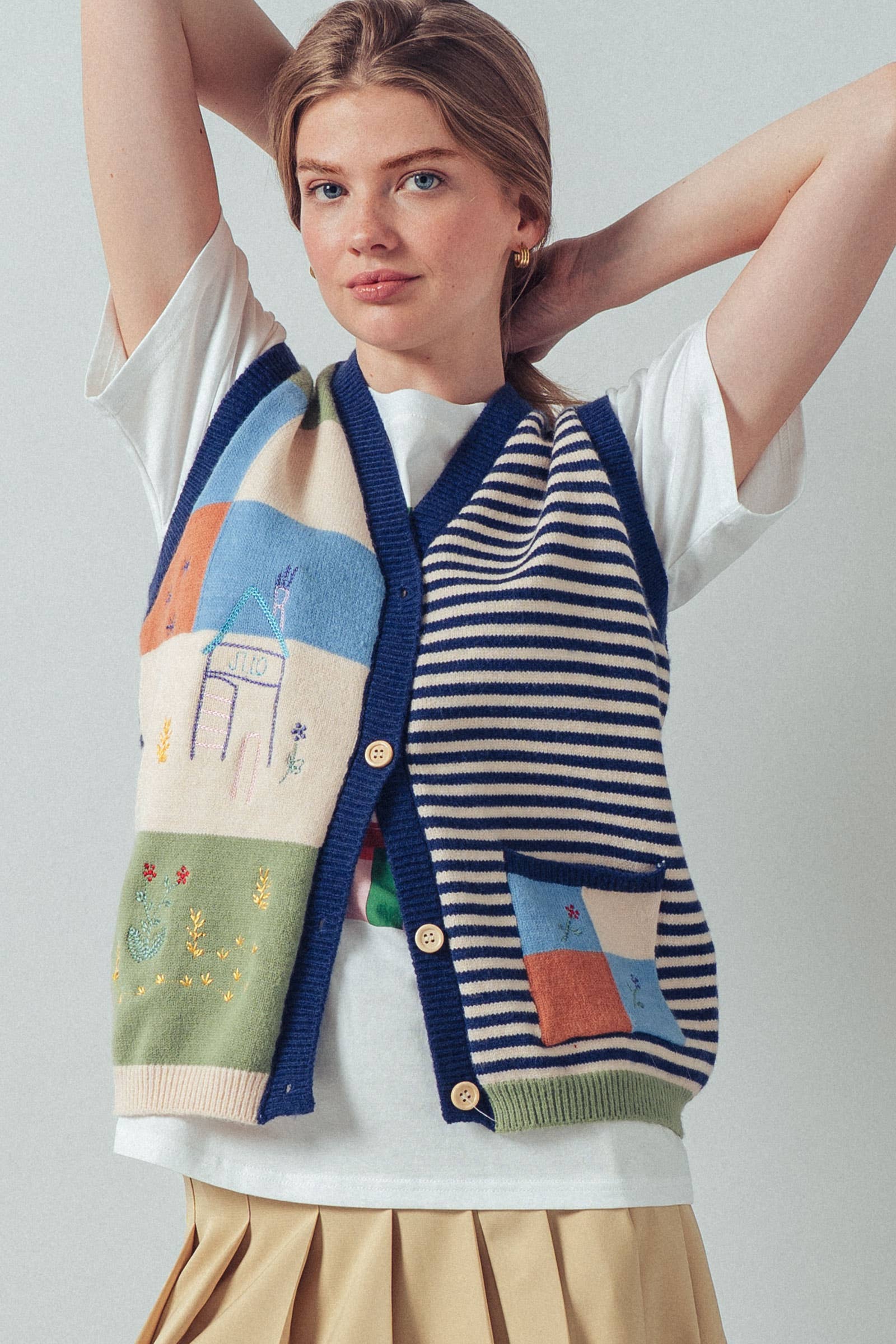 Embroidered Patchwork Striped Knit Vest