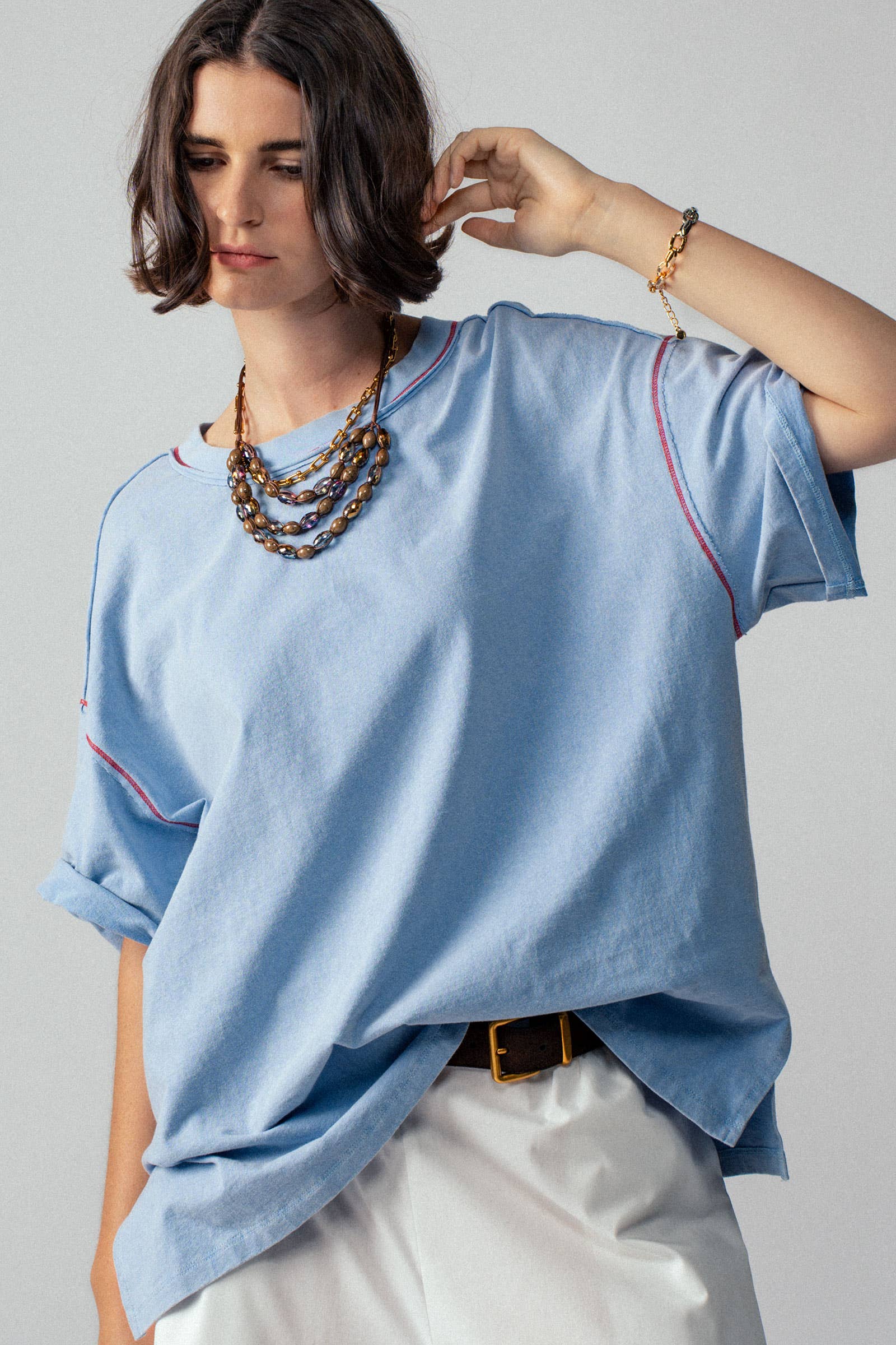 Urban Daizy Contrast Stitch Mineral Wash Spring Oversized Tee Blue T-Shirt - Women's (UDZ-TP-00755) – alternate view 7