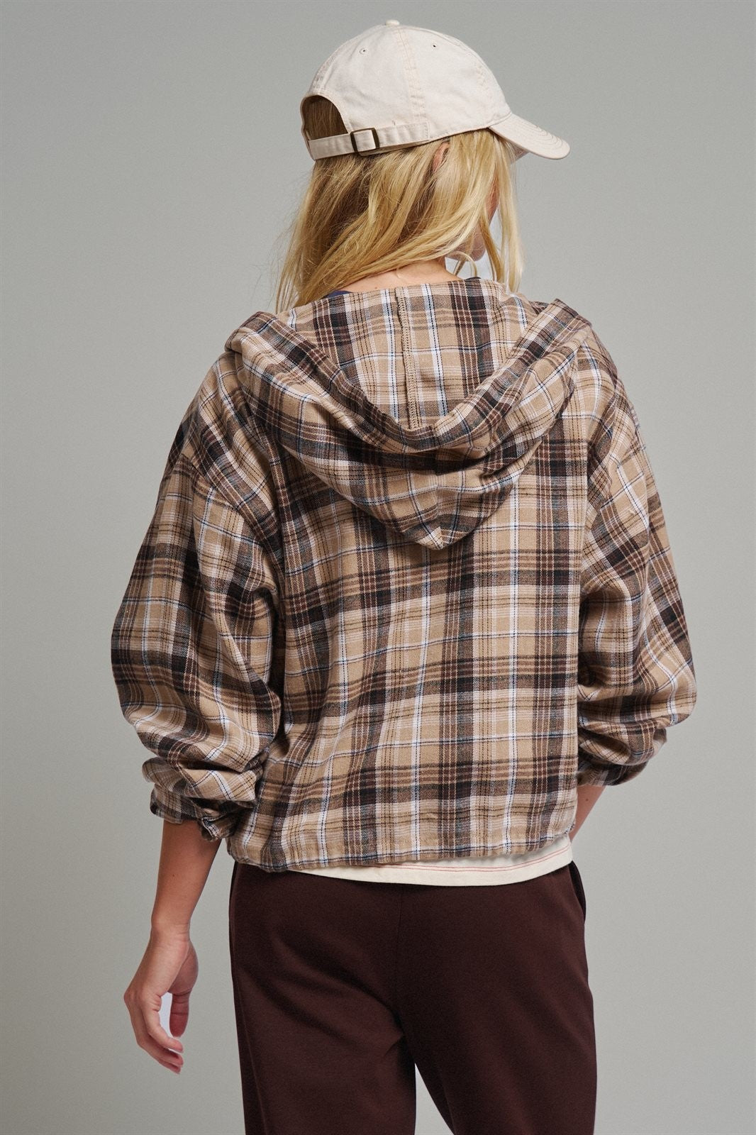 Plaid Flannel Hooded Shirt Jacket with Drawstring Hem in KHAKI - Women's Shirts & Blouses | Urban Daizy