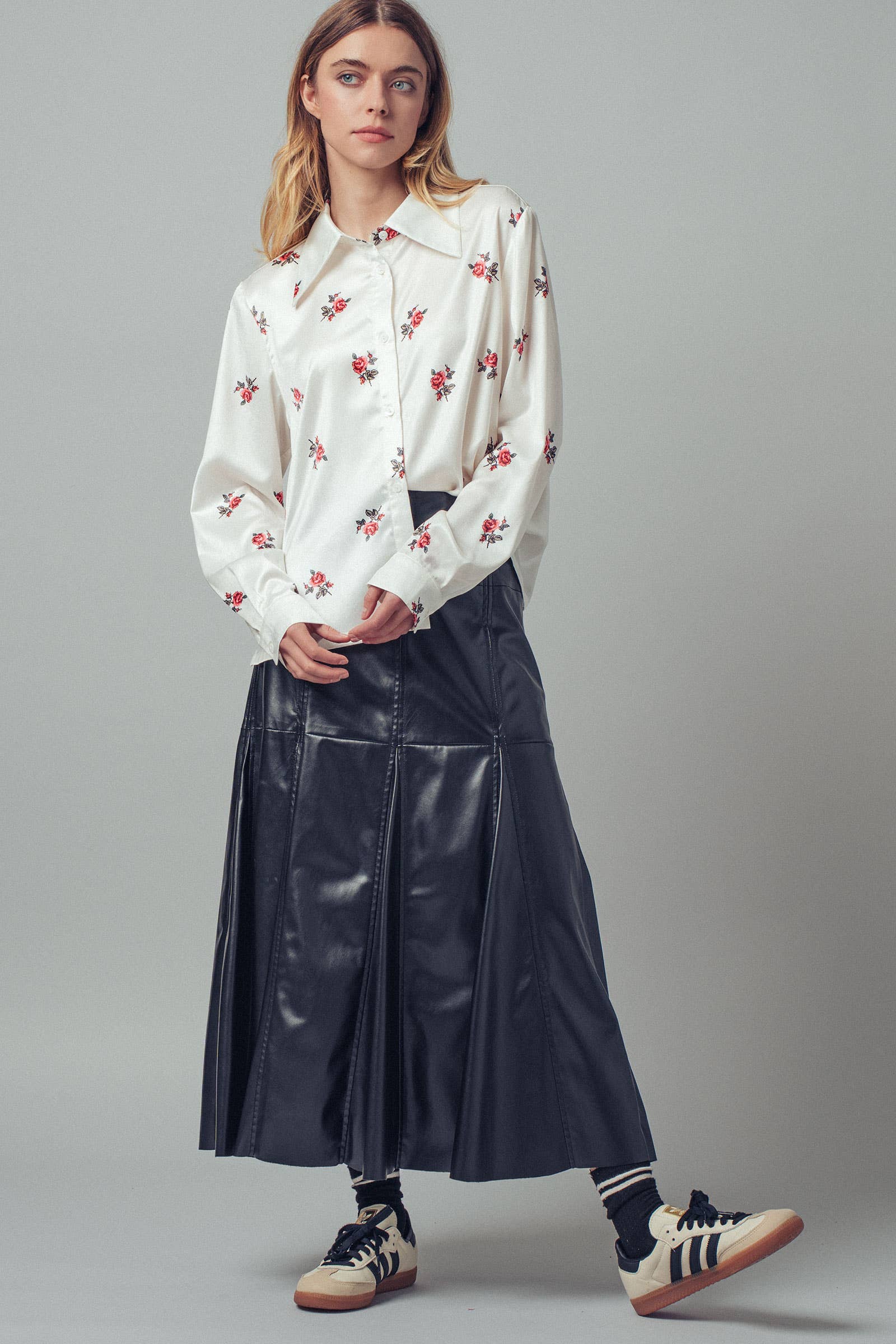 Rose Print Satin Button-Up Blouse