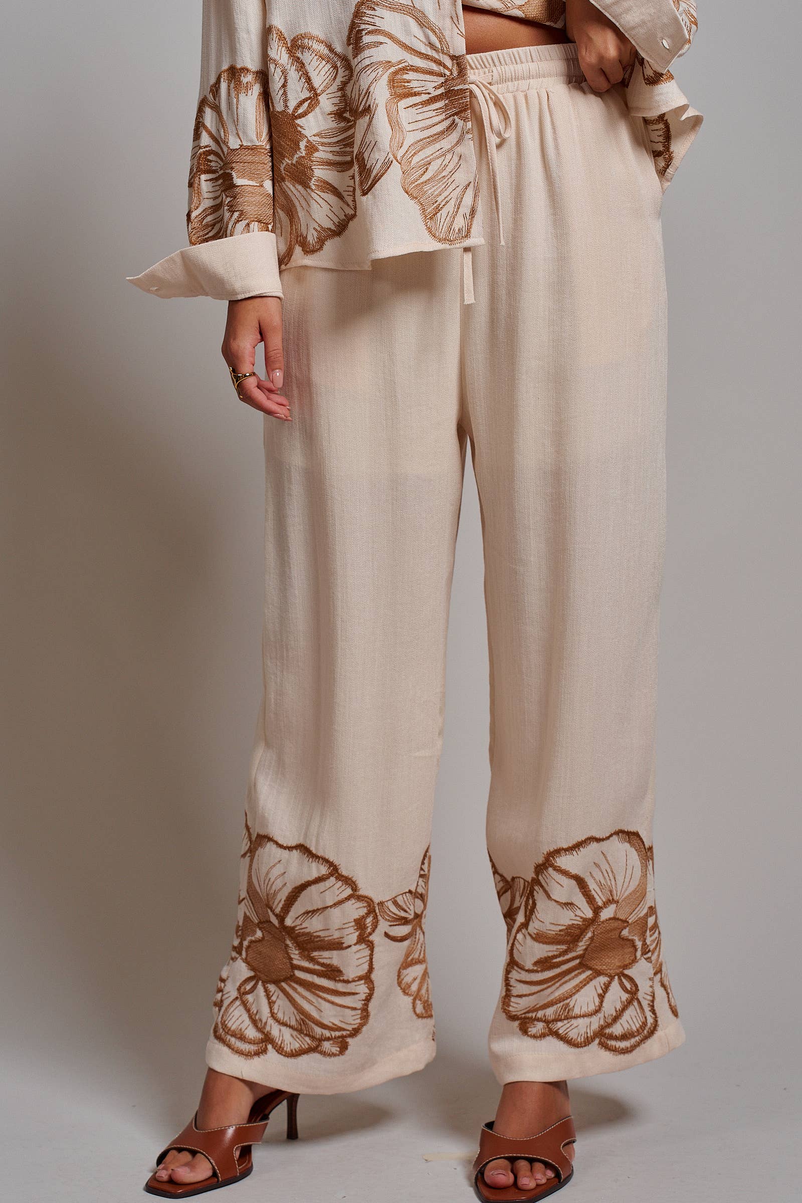 Floral Embroidered Wide Leg Drawstring Pants