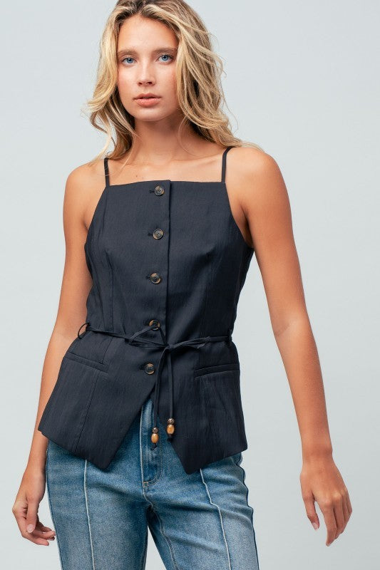 Buttoned Tie-Waist Cami Top in BLACK - Women's Tops | Urban Daizy