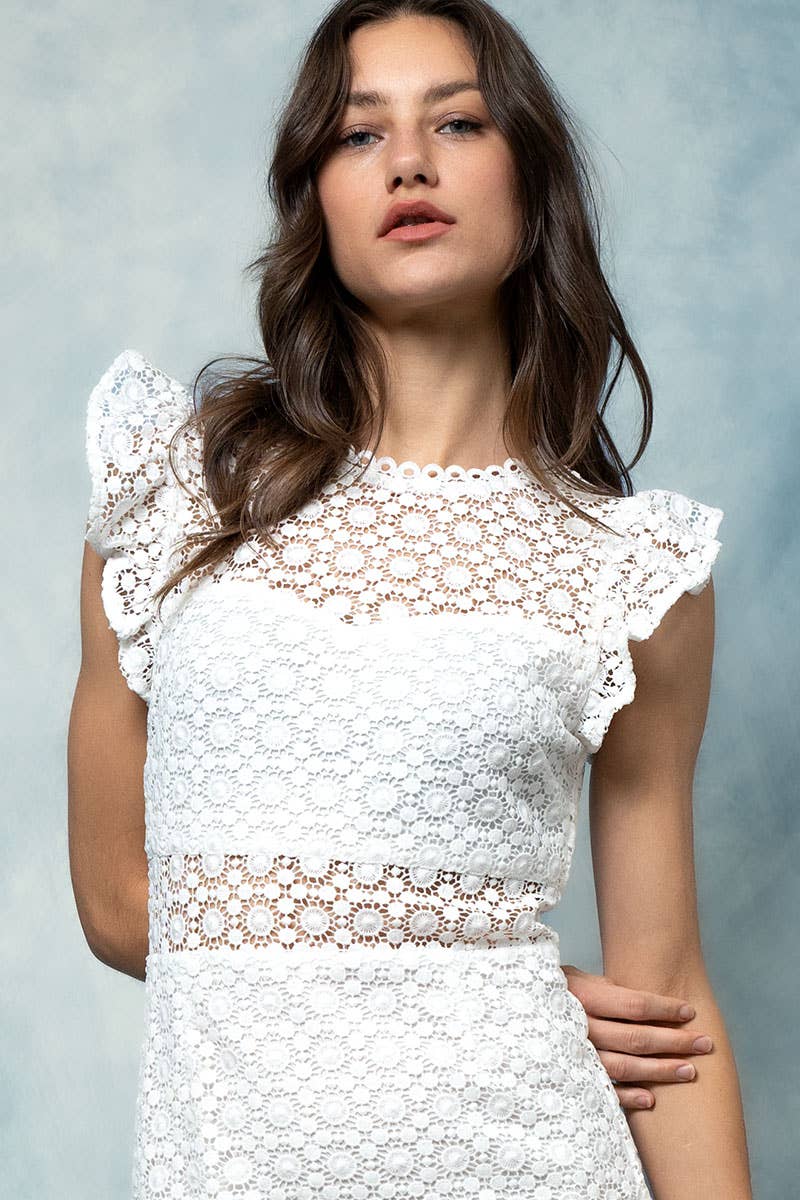 Urban Daizy White Lace Scalloped Ruffle-Sleeve Midi Dress White Dress - Women's (UDZ-DR-00345) – alternate view 11