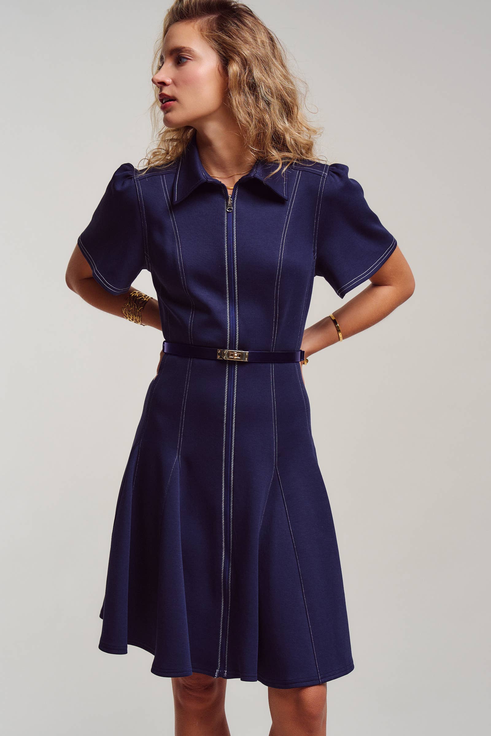 Contrast Stitch Zip Front Knit Mini Dress Belted