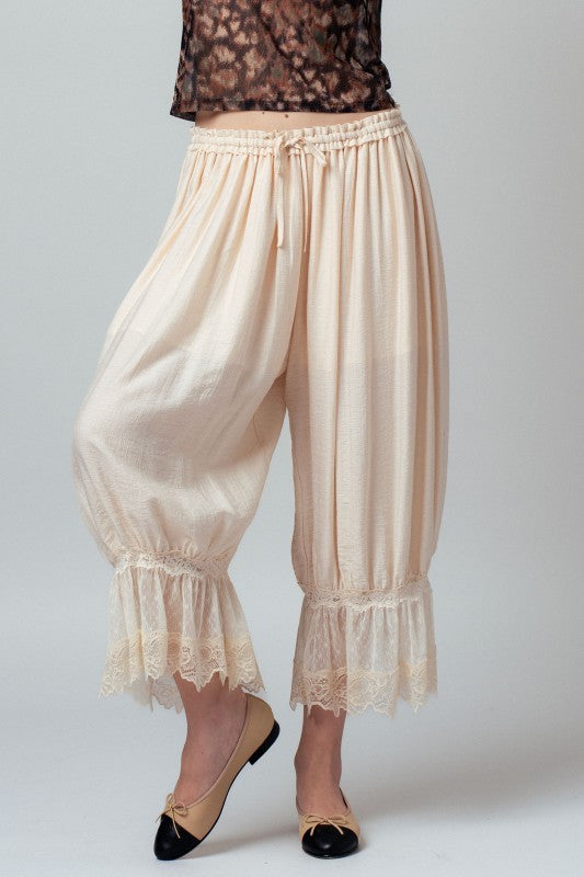 Boho Lace Trim Summer Linen Pants in IVORY - Women's Pants | Urban Daizy