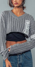 Urban Daizy Cropped Ribbed Knit V-Neck Sweater H-Grey Knit Top - Women's (UDZ-TP-00637)
