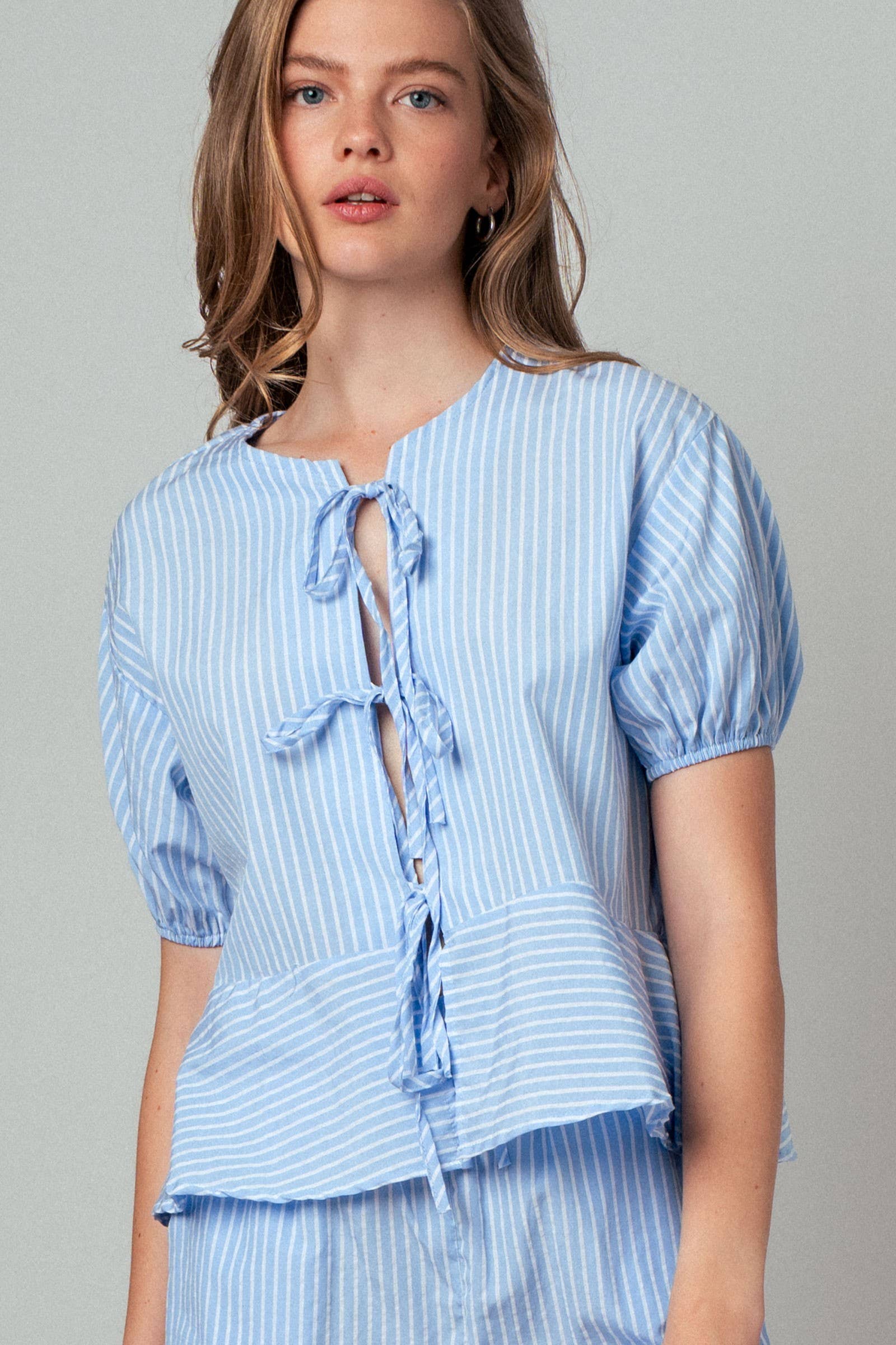 Urban Daizy Striped Tie-Front Puff Sleeve Two-Piece Set Sage-Stripe Top & Short Set (NOT Loungewear) - Women's (UDZ-AC-00224) – alternate view 7