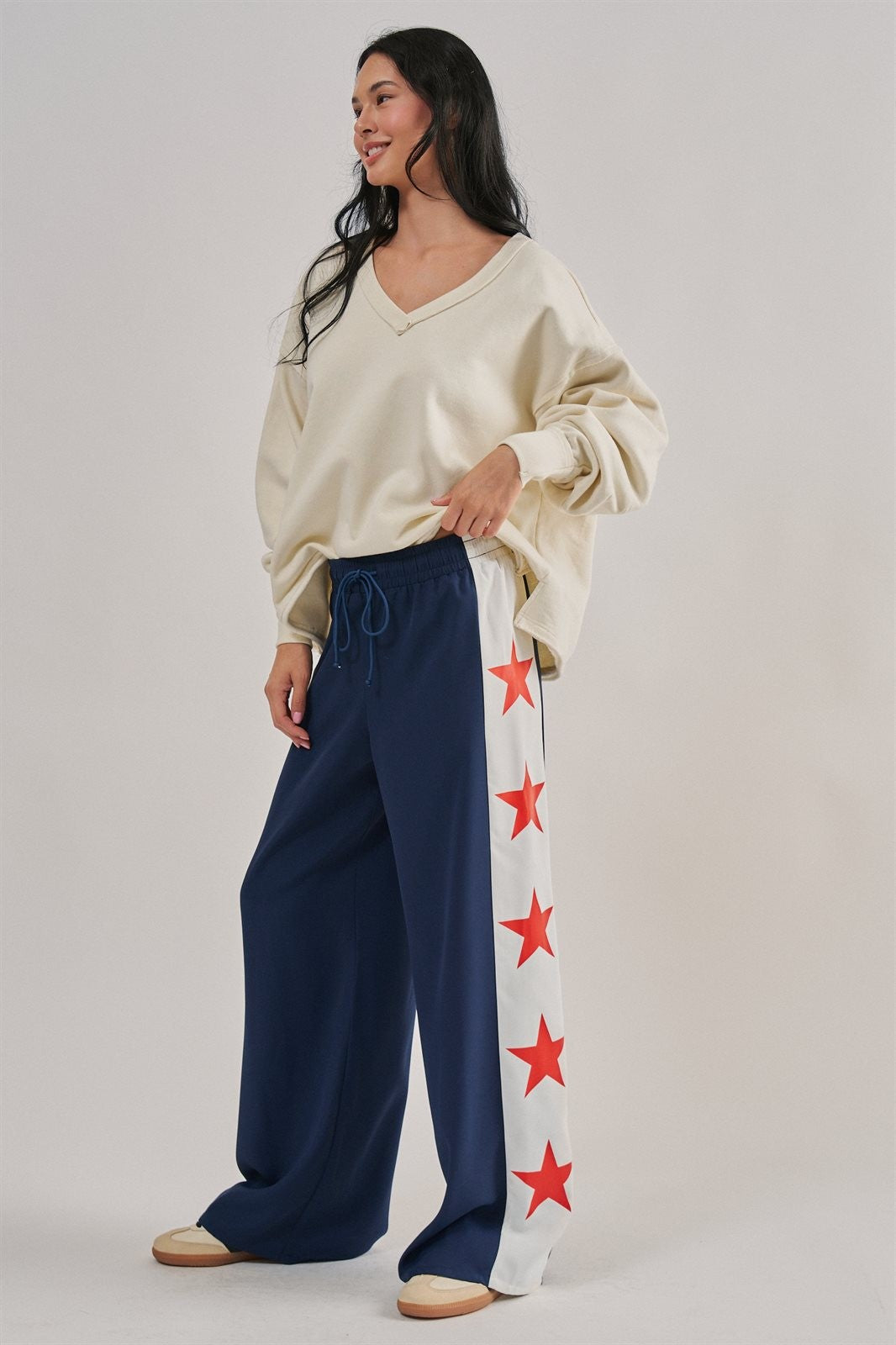 USA Star Side Stripe Wide-Leg Track Pants in NAVY - Women's Casual Pants | Urban Daizy