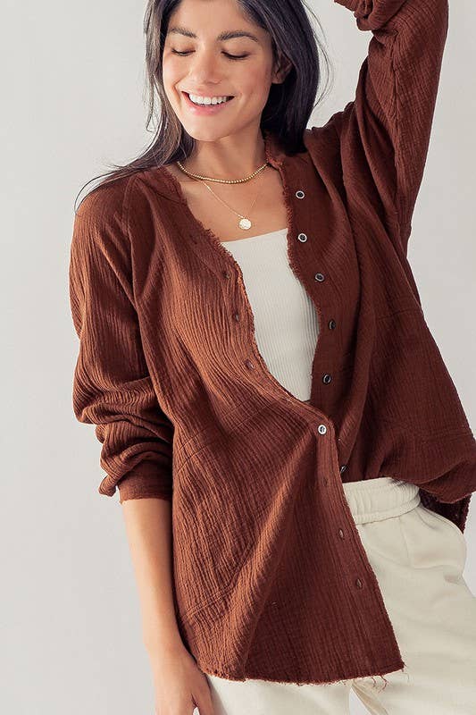 Urban Daizy PREMIUM SOFT FRAYED HEM GAUZE VINTAGE WASHED SHIRT Forest-Green Button Down Shirt - Women's (UDZ-TP-00225) –…