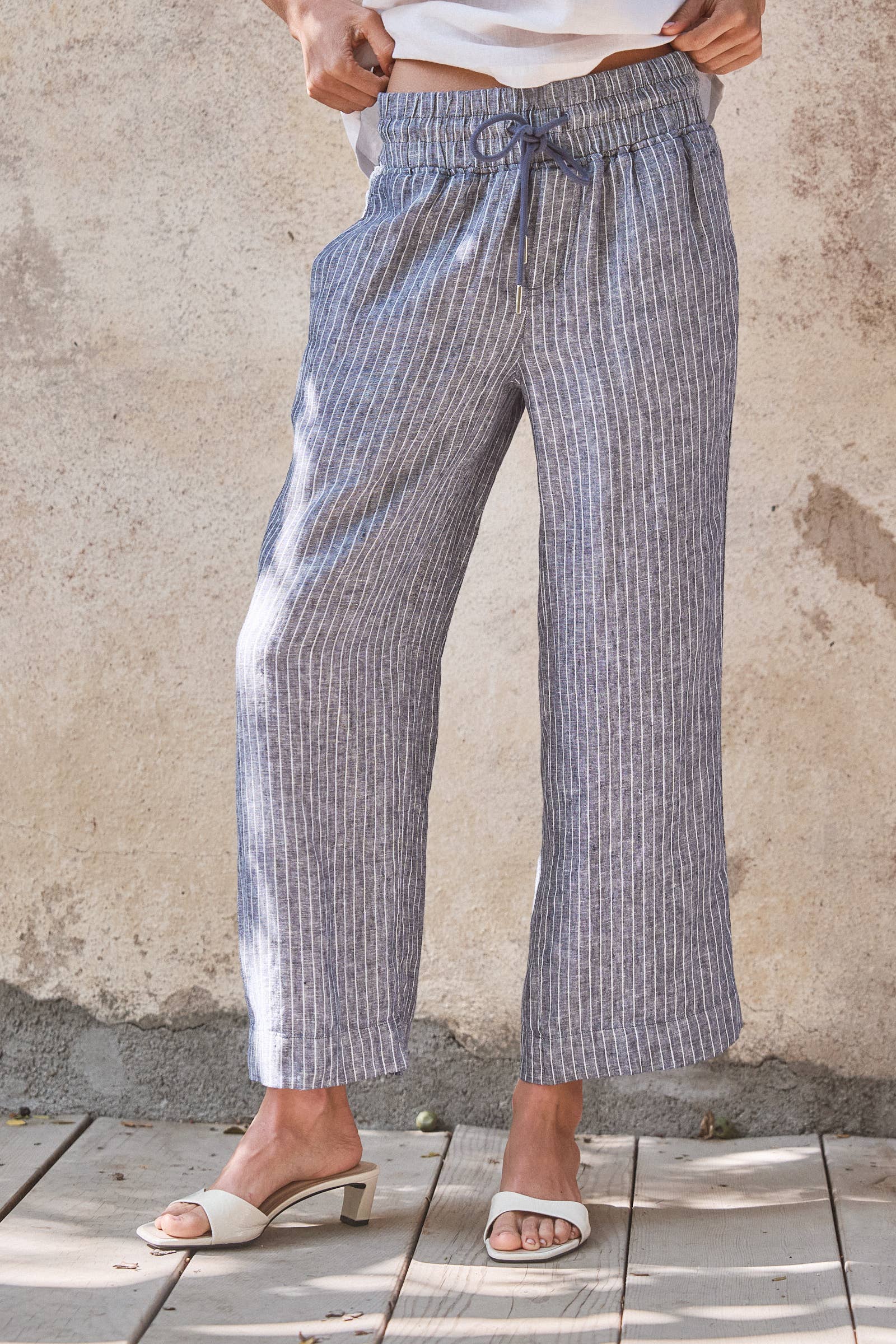 Urban Daizy Linen Wide-Leg Drawstring Pants Navy-Stripe Pants - Women's (UDPT0177-Navy-Stripe) – alternate view 3